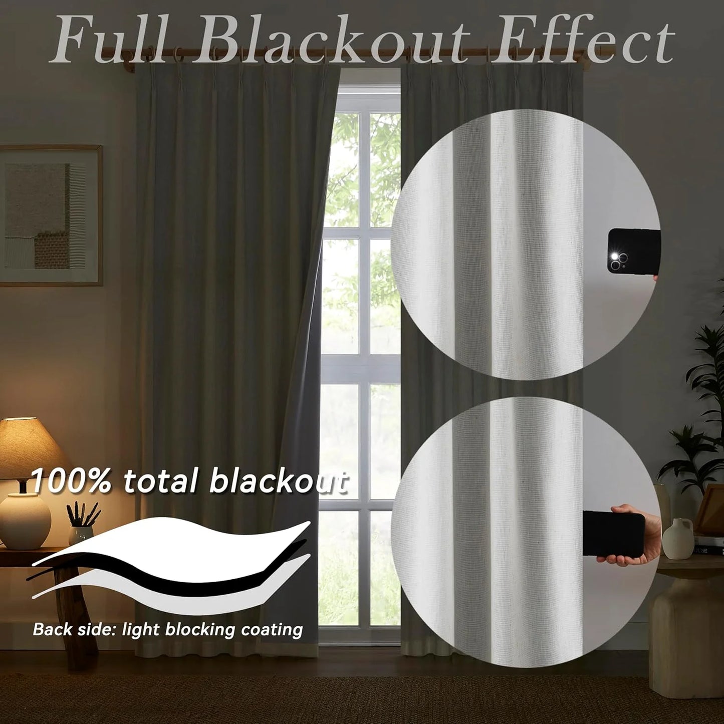Natural Color/Cream Ivory Linen Blend 104 Inch Blackout Curtains Linen Blend 2 Panels Burg,Pinch Pleated Window Drapes for Track System, Back Tab Heavy Duty Thermal Insulated Curtains with Hooks,Natural Color/Cream Ivory W40 x L104, Brand New condition - View 4