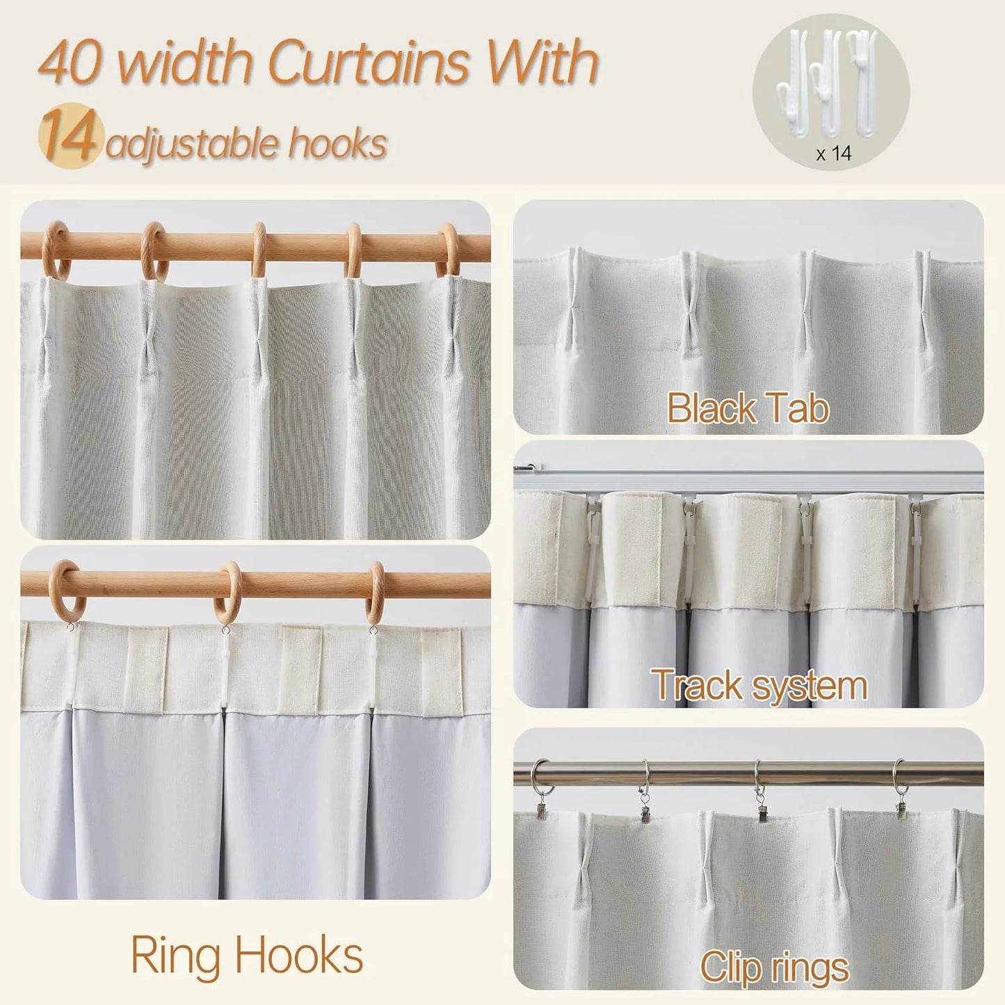 Natural Color/Cream Ivory Linen Blend 104 Inch Blackout Curtains Linen Blend 2 Panels Burg,Pinch Pleated Window Drapes for Track System, Back Tab Heavy Duty Thermal Insulated Curtains with Hooks,Natural Color/Cream Ivory W40 x L104, Brand New condition - View 5