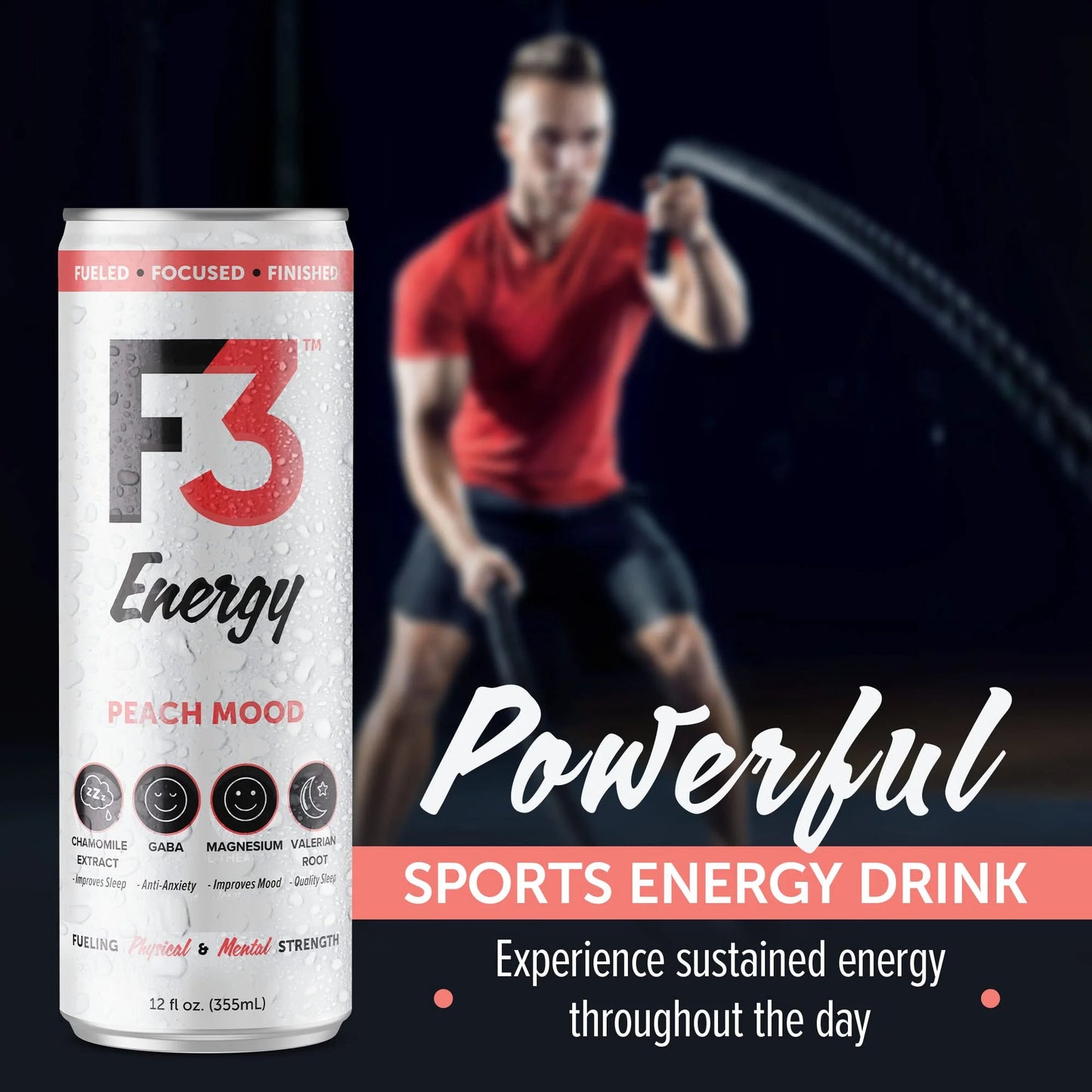 Peach N/A 12 pack 12 oz F3 Energy - Peach Mood Energy Drink, Natural Energy Drinks for Strength, Mental Focus, and Muscle Recovery, Mood & Recovery Aid Sports Drinks w/GABA, BCAA, Magnesium, & Chamomile, 355 ml (12 pack), Brand New condition - View 10