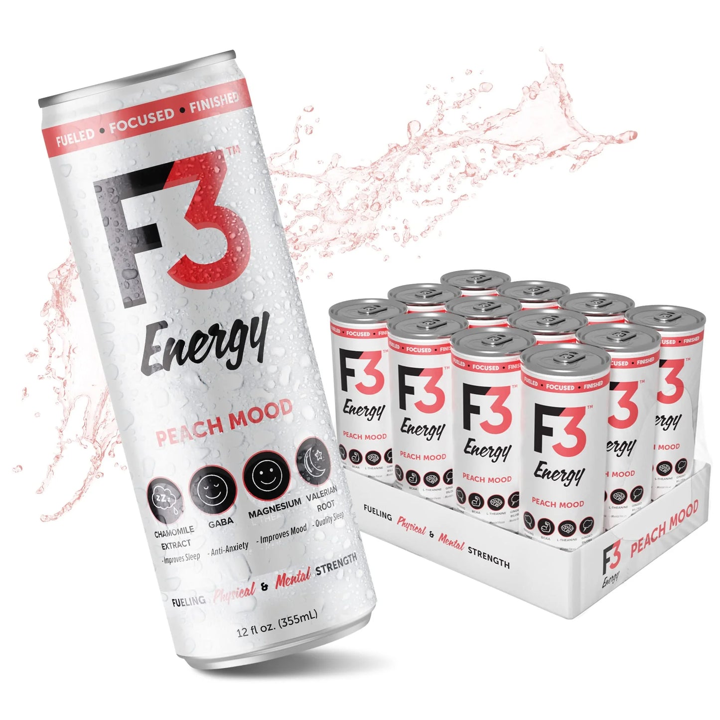 Peach N/A 12 pack 12 oz F3 Energy - Peach Mood Energy Drink, Natural Energy Drinks for Strength, Mental Focus, and Muscle Recovery, Mood & Recovery Aid Sports Drinks w/GABA, BCAA, Magnesium, & Chamomile, 355 ml (12 pack), Brand New condition - View 1
