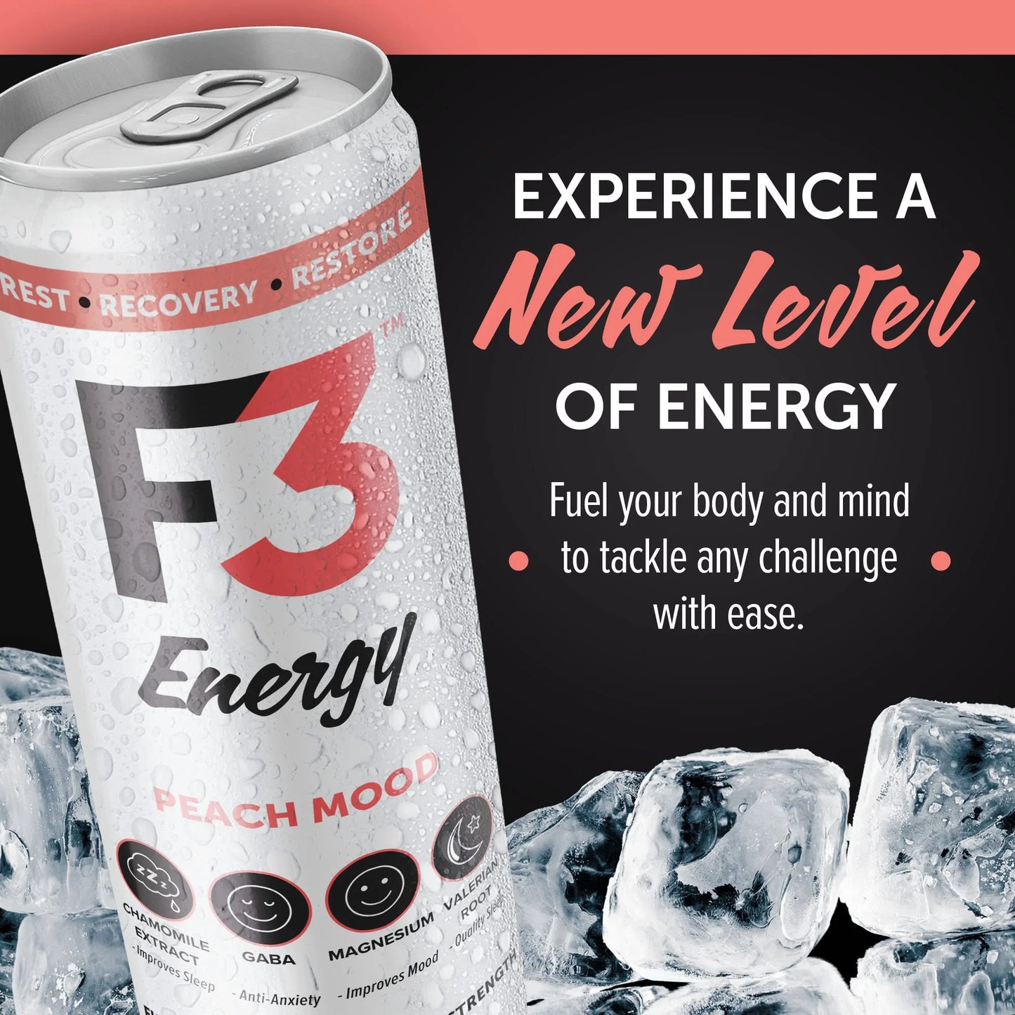 Peach N/A 12 pack 12 oz F3 Energy - Peach Mood Energy Drink, Natural Energy Drinks for Strength, Mental Focus, and Muscle Recovery, Mood & Recovery Aid Sports Drinks w/GABA, BCAA, Magnesium, & Chamomile, 355 ml (12 pack), Brand New condition - View 5