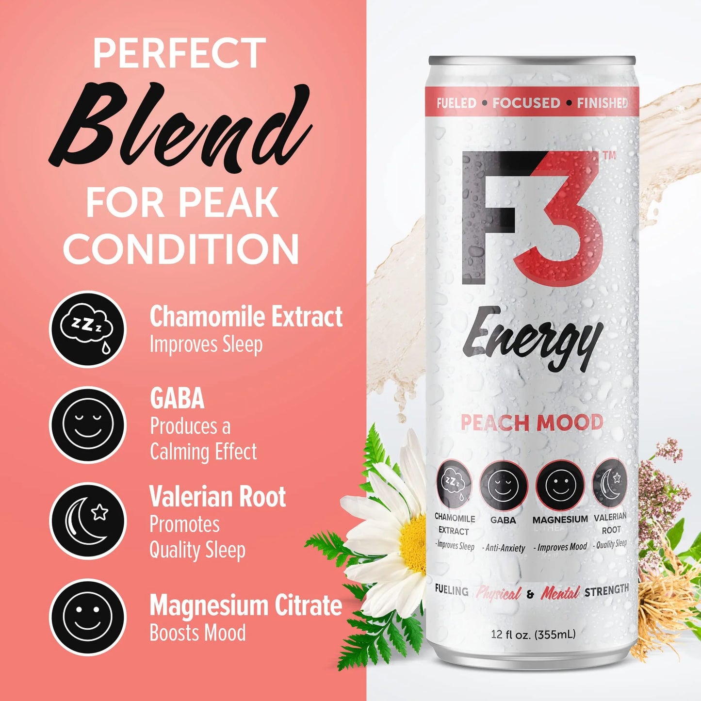 Peach N/A 12 pack 12 oz F3 Energy - Peach Mood Energy Drink, Natural Energy Drinks for Strength, Mental Focus, and Muscle Recovery, Mood & Recovery Aid Sports Drinks w/GABA, BCAA, Magnesium, & Chamomile, 355 ml (12 pack), Brand New condition - View 6
