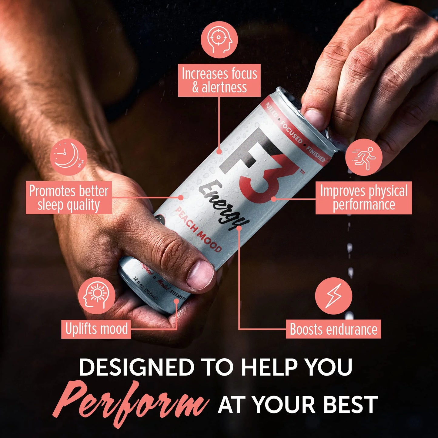 Peach N/A 12 pack 12 oz F3 Energy - Peach Mood Energy Drink, Natural Energy Drinks for Strength, Mental Focus, and Muscle Recovery, Mood & Recovery Aid Sports Drinks w/GABA, BCAA, Magnesium, & Chamomile, 355 ml (12 pack), Brand New condition - View 7