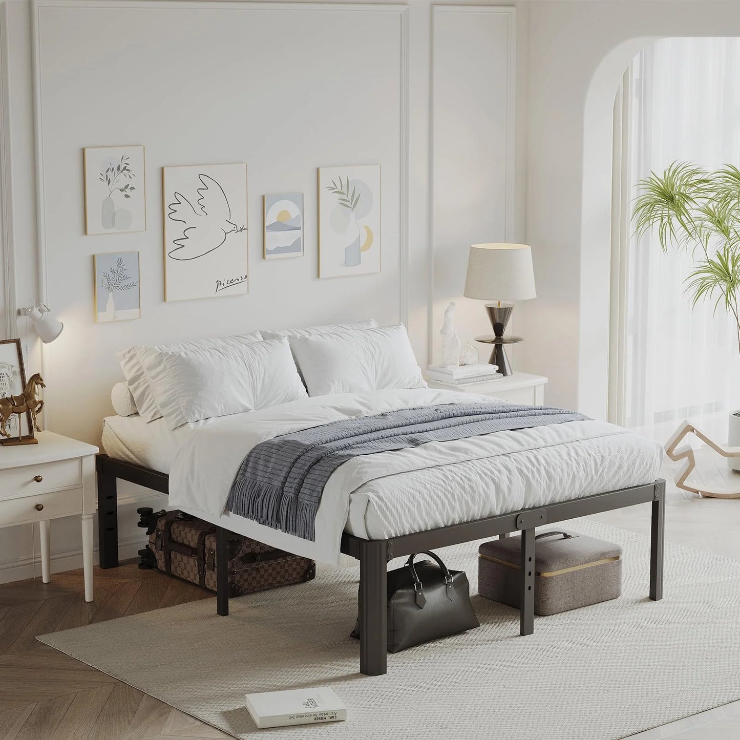 Black Metal 14 Inch High Platform Metal Queen Size Bed Frame, Queen Bed Frame no Box Spring Needed, Easy Assembly, Heavy Duty, Noise Free, Black, Good Condition condition - View 6