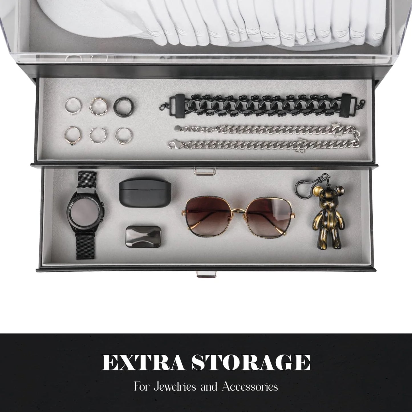 Clear Acrylic 2-in-1 Hat Organizer Box, Acrylic Baseball Caps Holder Display Box with Premium Storage, Elegant Storage Case for Hats, Sunglasses, Watches & Other Accessories, Brand New condition - View 6