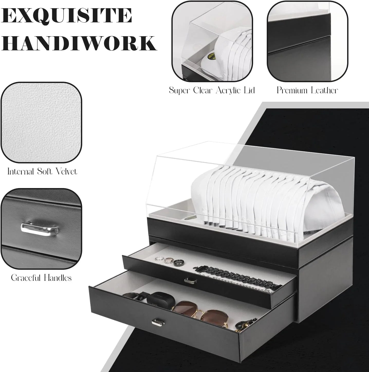 Clear Acrylic 2-in-1 Hat Organizer Box, Acrylic Baseball Caps Holder Display Box with Premium Storage, Elegant Storage Case for Hats, Sunglasses, Watches & Other Accessories, Brand New condition - View 7