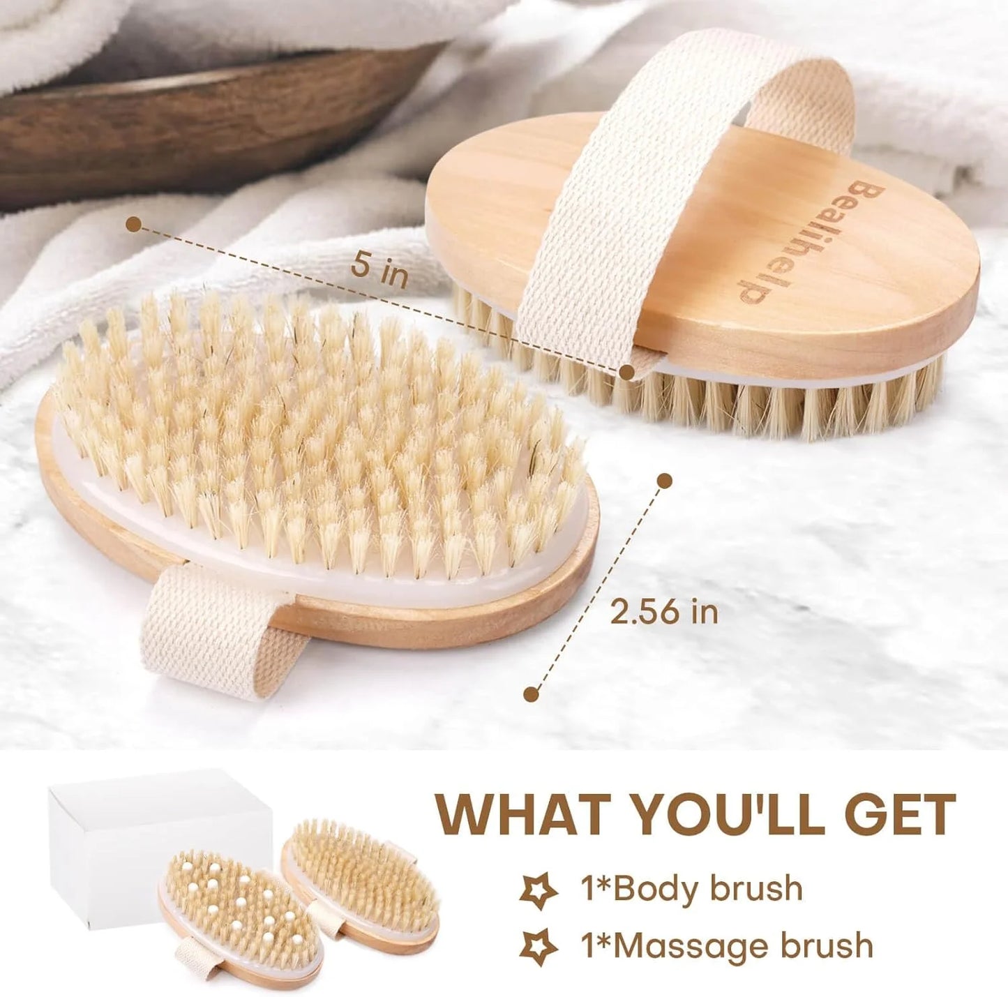 Wood Natural Bristle 2 Pack Dry Brushing Body Brush, Natural Bristle Dry Brush, Exfoliating Body Brush for Lymphatic Drainage, Cellulite Brush for Full Body, Improving Skin Health and Reduces Acne, Good Condition condition - View 3