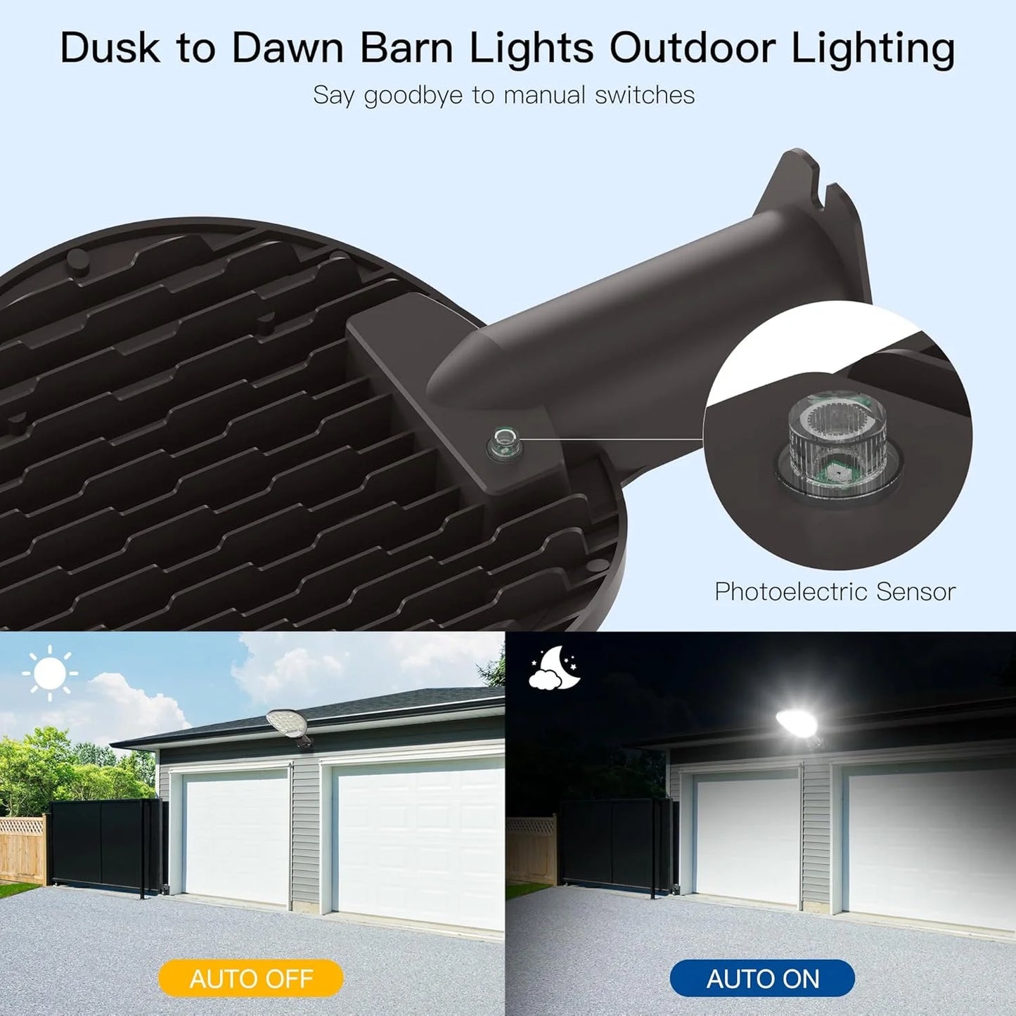 Black Aluminum 2-Pack LED Barn Light 150W, Outdoor Dusk to Dawn Area Lights With Photocell 15000LM 6500K Daylight IP65 Waterproof Street Lights for Farmhouse, Garage, Yard, Warehouse Security Lighting, Brand New condition - View 5