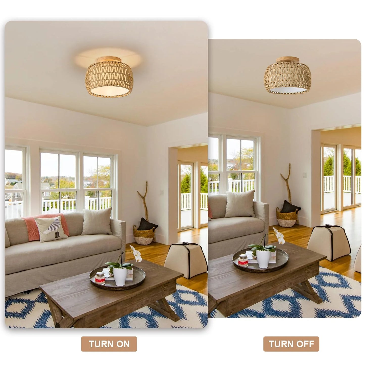 Natural Rattan, Wicker, Rope 2 Packs Boho Rattan Flush Mount Ceiling Lights 12 Inch Farmhouse Ceiling Light Fixtures Rustic Wicker Hand Woven Rope Cage for Dining Room Kitchen Bedroom Foyer Hallway Entryway, Brand New condition - View 10