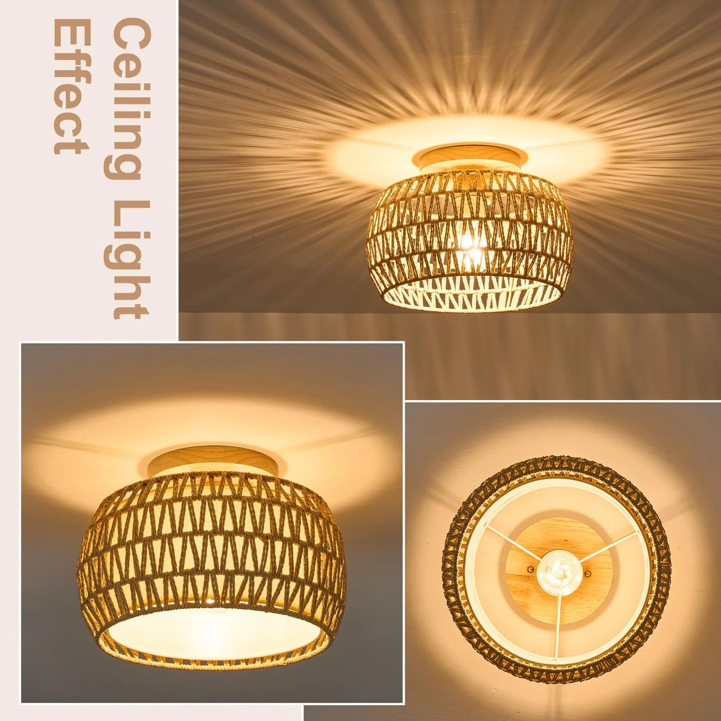 Natural Rattan, Wicker, Rope 2 Packs Boho Rattan Flush Mount Ceiling Lights 12 Inch Farmhouse Ceiling Light Fixtures Rustic Wicker Hand Woven Rope Cage for Dining Room Kitchen Bedroom Foyer Hallway Entryway, Brand New condition - View 4