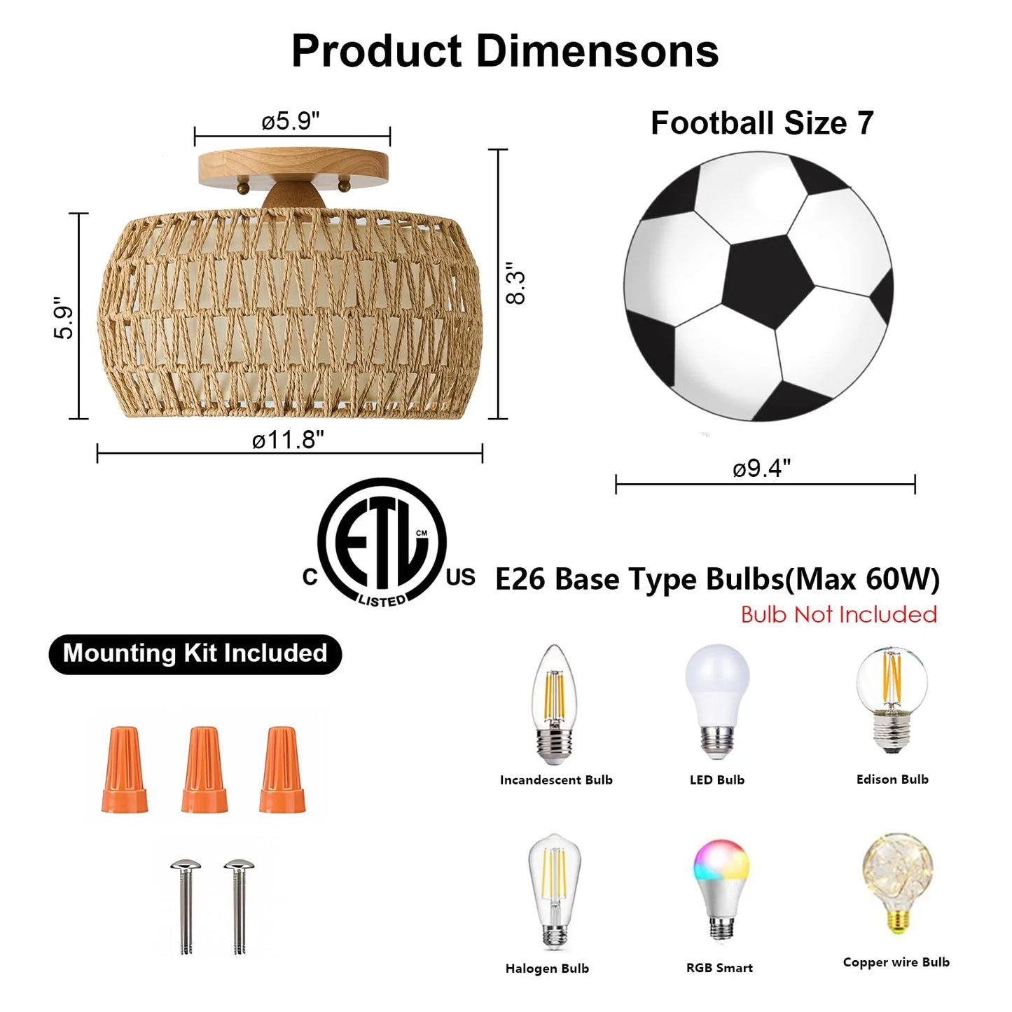 Natural Rattan, Wicker, Rope 2 Packs Boho Rattan Flush Mount Ceiling Lights 12 Inch Farmhouse Ceiling Light Fixtures Rustic Wicker Hand Woven Rope Cage for Dining Room Kitchen Bedroom Foyer Hallway Entryway, Brand New condition - View 5