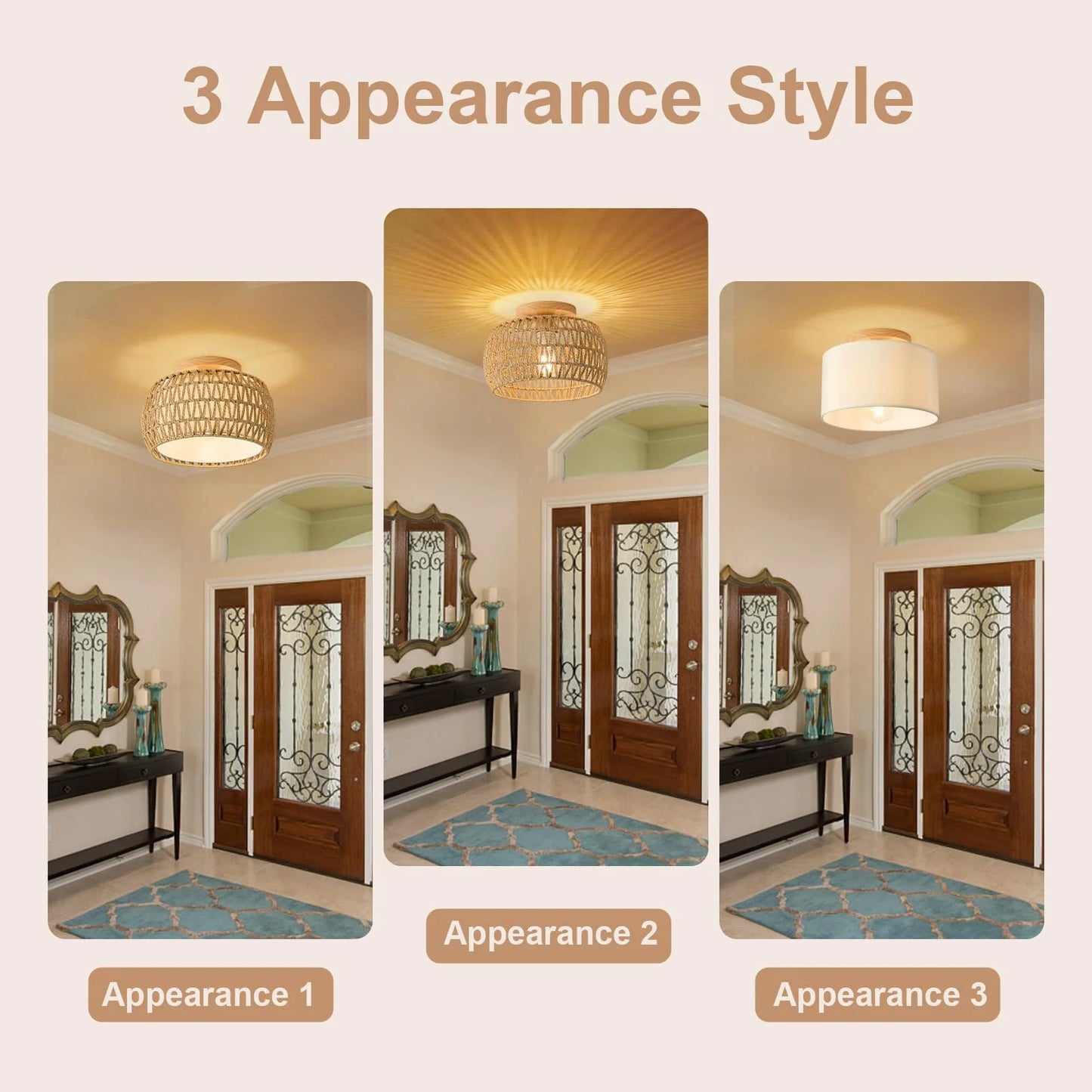 Natural Rattan, Wicker, Rope 2 Packs Boho Rattan Flush Mount Ceiling Lights 12 Inch Farmhouse Ceiling Light Fixtures Rustic Wicker Hand Woven Rope Cage for Dining Room Kitchen Bedroom Foyer Hallway Entryway, Brand New condition - View 6