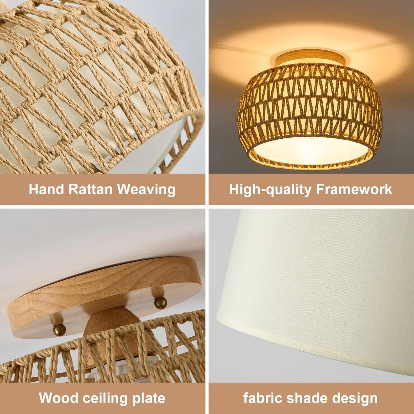 Natural Rattan, Wicker, Rope 2 Packs Boho Rattan Flush Mount Ceiling Lights 12 Inch Farmhouse Ceiling Light Fixtures Rustic Wicker Hand Woven Rope Cage for Dining Room Kitchen Bedroom Foyer Hallway Entryway, Brand New condition - View 7
