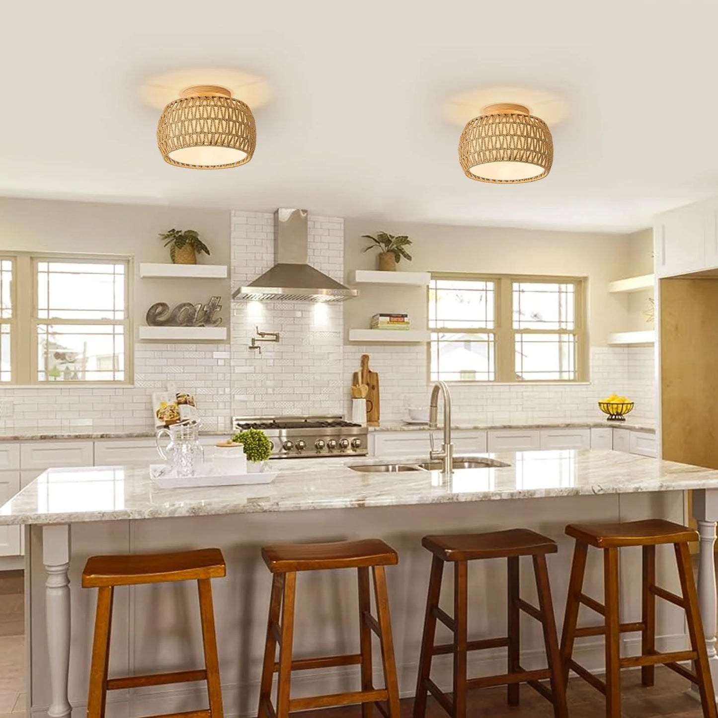 Natural Rattan, Wicker, Rope 2 Packs Boho Rattan Flush Mount Ceiling Lights 12 Inch Farmhouse Ceiling Light Fixtures Rustic Wicker Hand Woven Rope Cage for Dining Room Kitchen Bedroom Foyer Hallway Entryway, Brand New condition - View 8