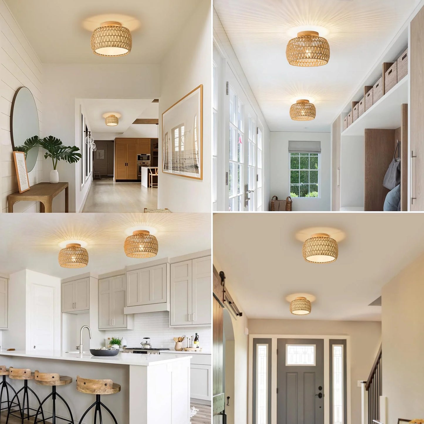 Natural Rattan, Wicker, Rope 2 Packs Boho Rattan Flush Mount Ceiling Lights 12 Inch Farmhouse Ceiling Light Fixtures Rustic Wicker Hand Woven Rope Cage for Dining Room Kitchen Bedroom Foyer Hallway Entryway, Brand New condition - View 9