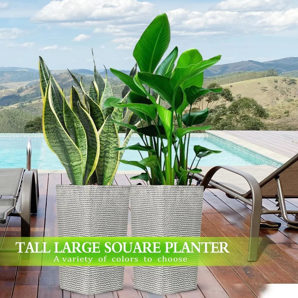 Light Grey Plastic Resin 2 Pcs Pack Heavy Duty Plastic Resin 17 Inches Tall Tapered Planter Pots Large Square Planter Flower Pot with Drainage Holes for Indoor Outdoor Deck Porch Garden Home Patio Front Door (Light grey, S), Good Condition condition - View 5