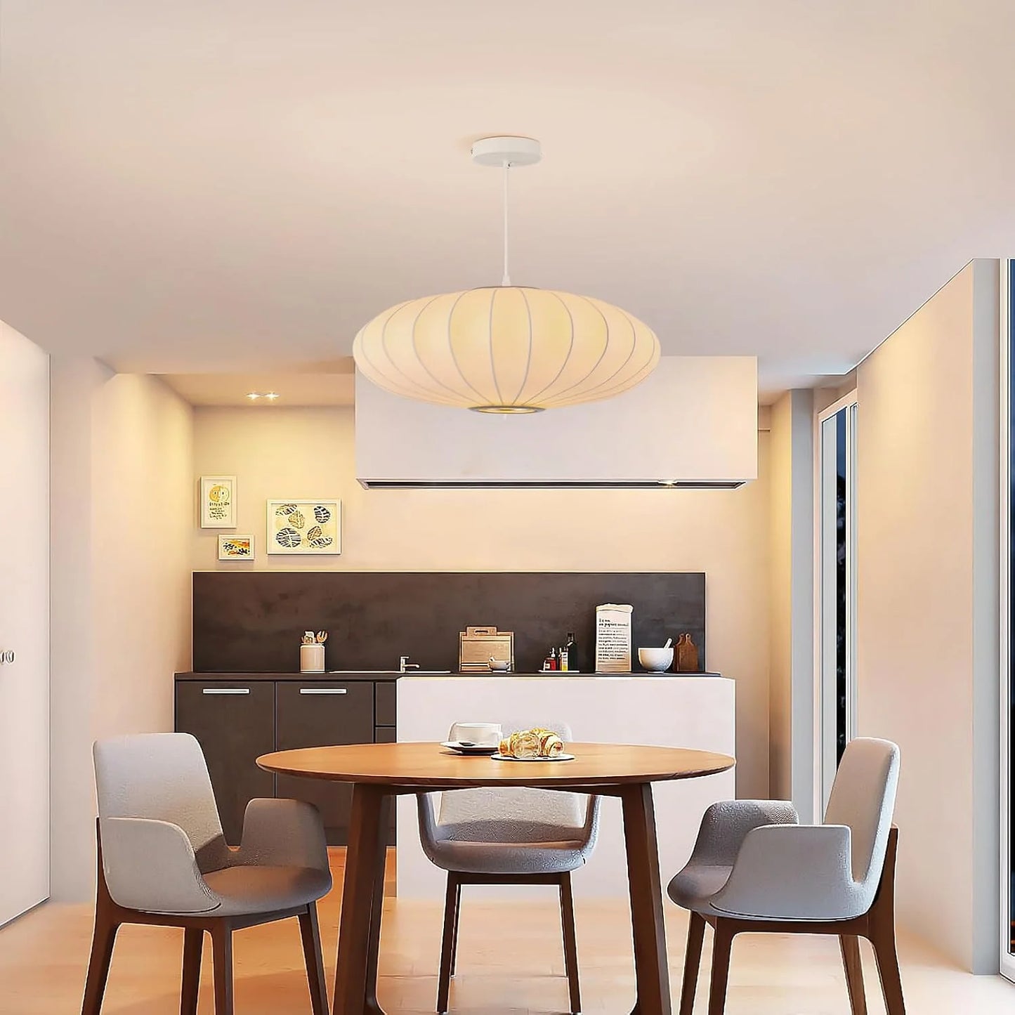 White Imitation silk, metal 20 Inch Lantern Pendant Light, Imitation Silk Lampshade, White Bubble Pendant Light, Large Hanging Lamp Simple Chandelier for Living Dinning Room Kitchen Island Bedroom Restaurant Cafe, Good Condition condition - View 4