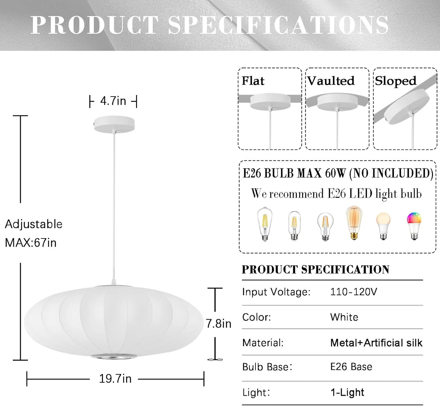 White Imitation silk, metal 20 Inch Lantern Pendant Light, Imitation Silk Lampshade, White Bubble Pendant Light, Large Hanging Lamp Simple Chandelier for Living Dinning Room Kitchen Island Bedroom Restaurant Cafe, Good Condition condition - View 7