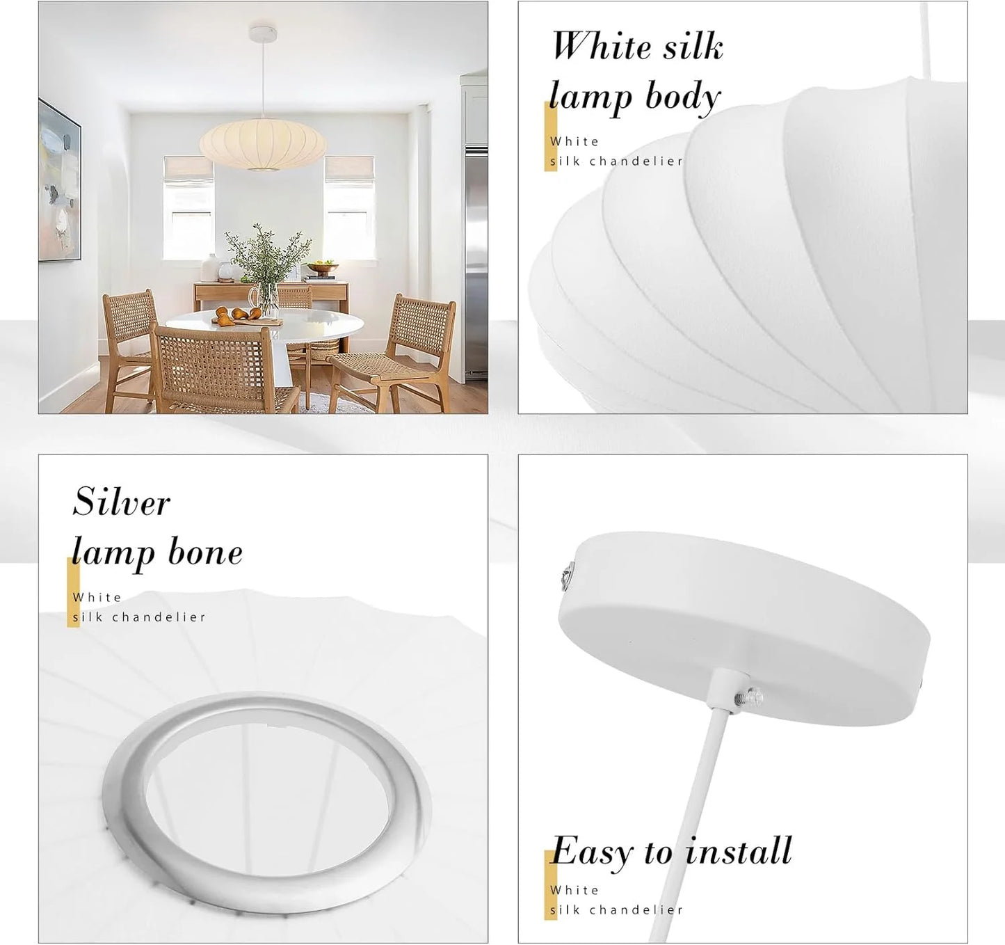 White Imitation silk, metal 20 Inch Lantern Pendant Light, Imitation Silk Lampshade, White Bubble Pendant Light, Large Hanging Lamp Simple Chandelier for Living Dinning Room Kitchen Island Bedroom Restaurant Cafe, Good Condition condition - View 8