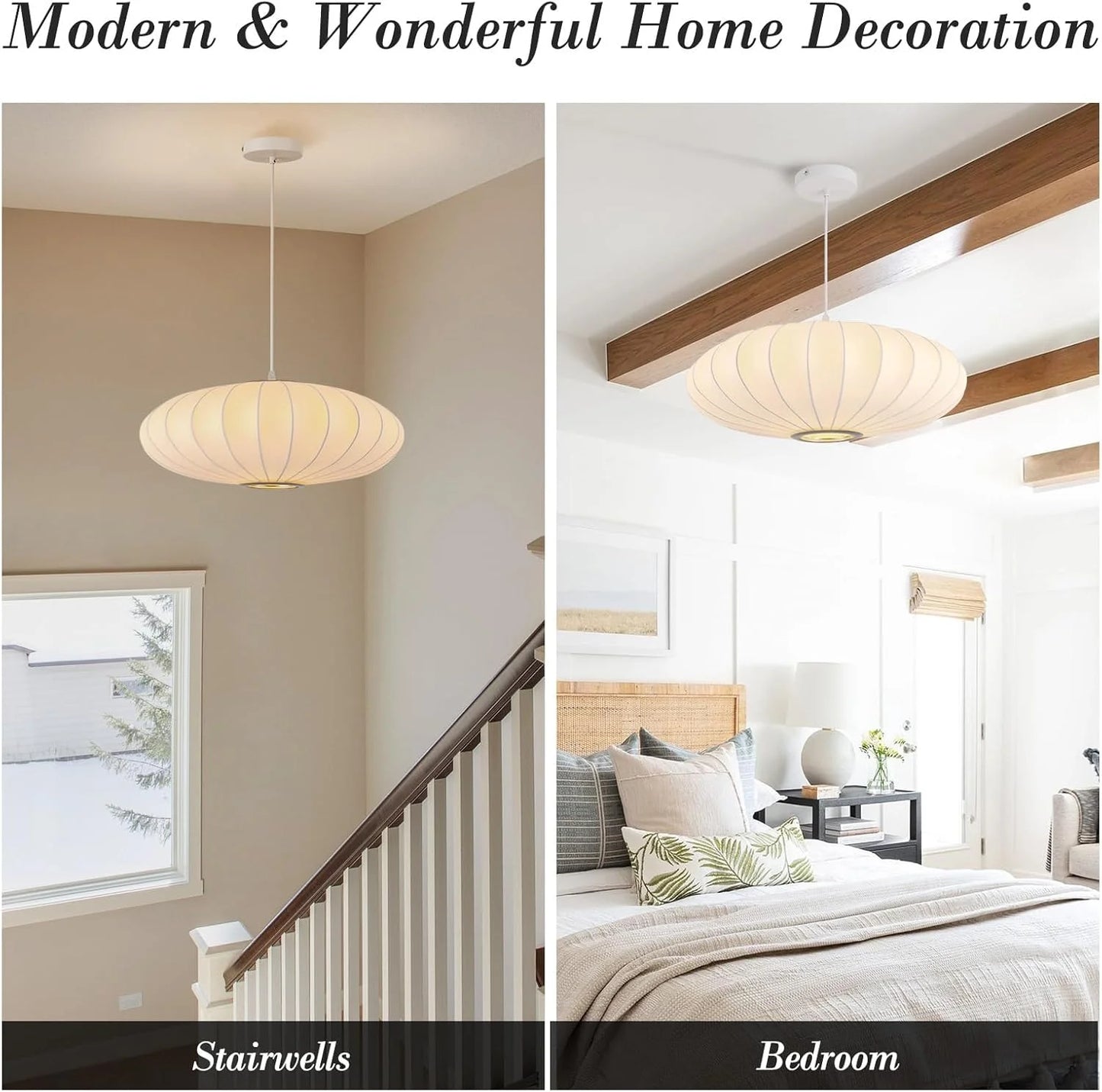 White Imitation silk, metal 20 Inch Lantern Pendant Light, Imitation Silk Lampshade, White Bubble Pendant Light, Large Hanging Lamp Simple Chandelier for Living Dinning Room Kitchen Island Bedroom Restaurant Cafe, Good Condition condition - View 9