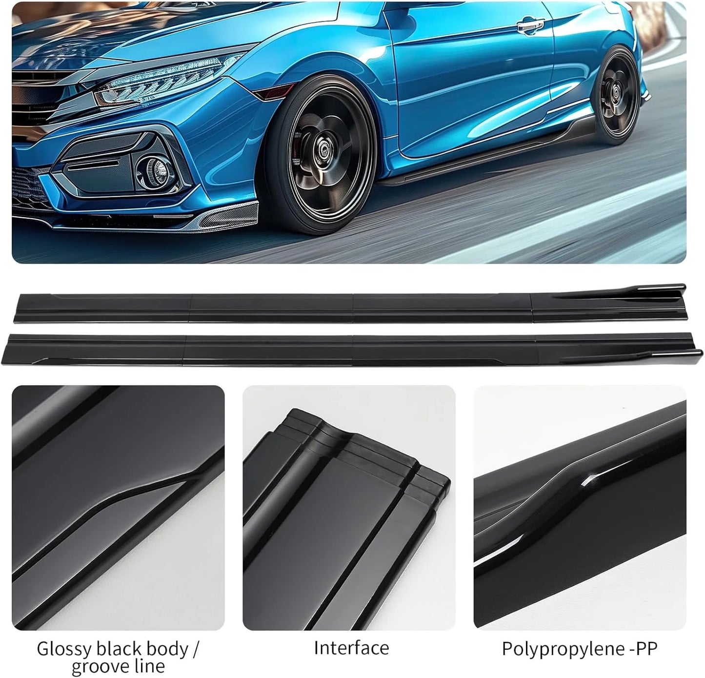 Black Composite 2PCS Universal Car Side Skirts, 86.6" Side Skirts Extension Splitter Lip, Car Rocker Panels Side Skirt Body Kit, Compatible with Honda Civic Toyota Corolla Nissan Altima VW Chevrolet Camaro, Good Condition condition - View 6