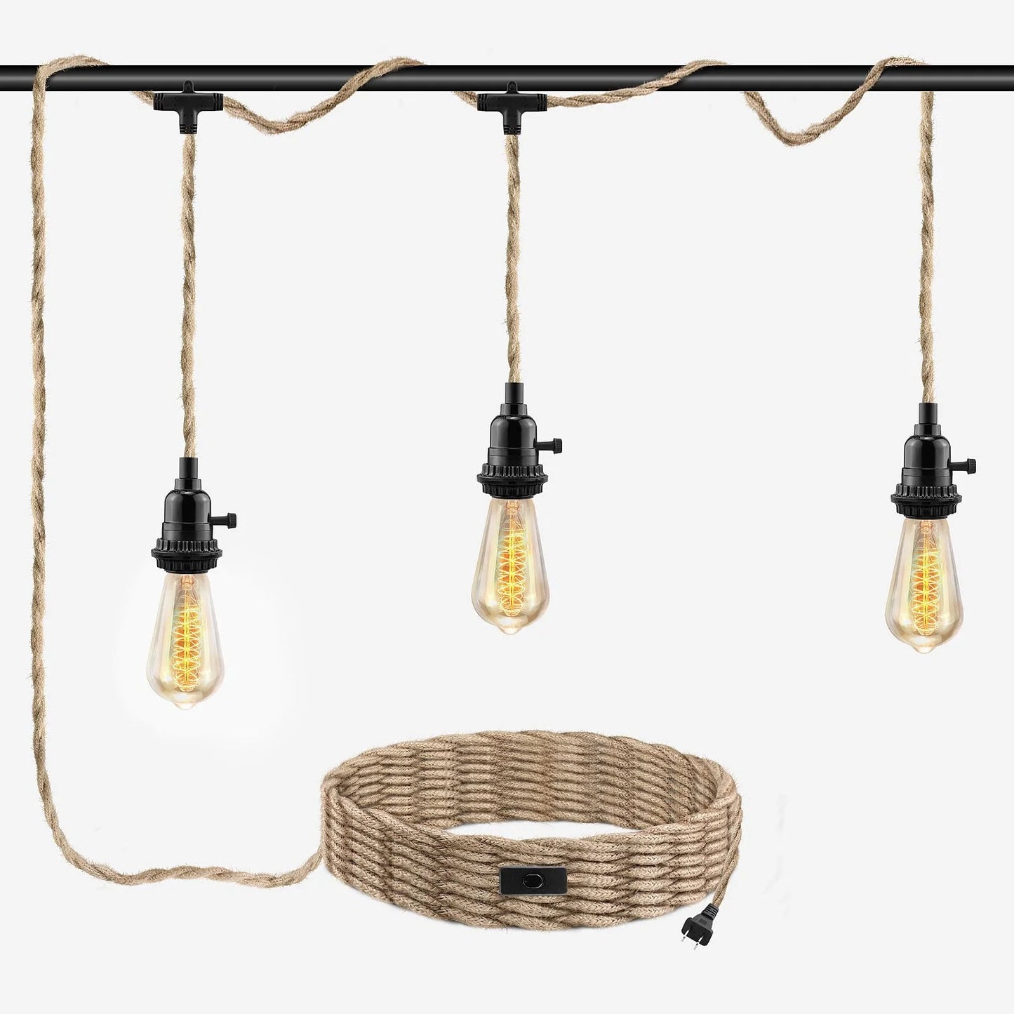 Brown Hemp Rope 3 Light Plug in Pendant Light Cord, Hanging Light Kit, 25FT Hemp Rope Plug in Hanging Light Cord with 2 Way Switch, Farmhouse Pendant Light Kits DIY Hanging Light, Brand New condition - View 1