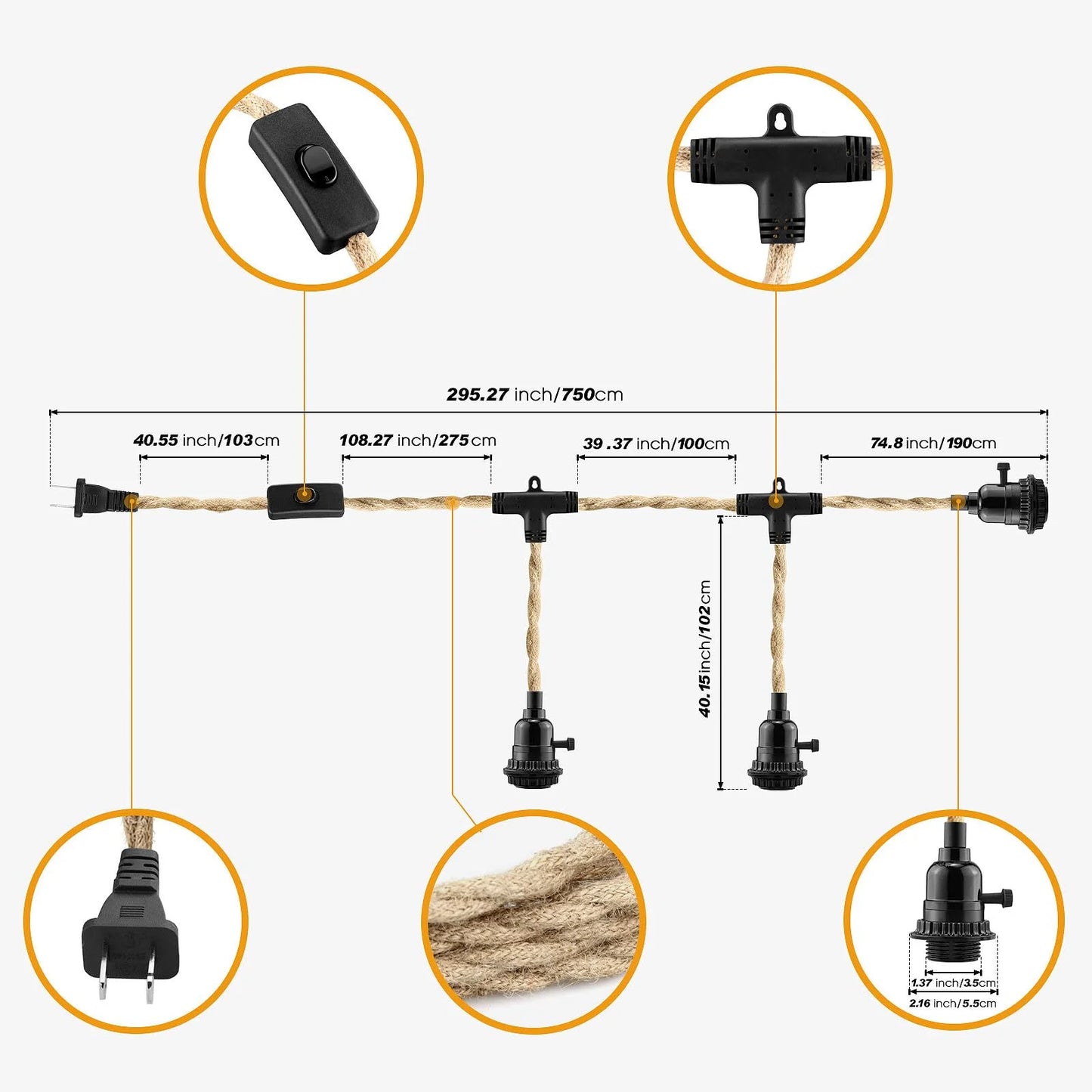 Brown Hemp Rope 3 Light Plug in Pendant Light Cord, Hanging Light Kit, 25FT Hemp Rope Plug in Hanging Light Cord with 2 Way Switch, Farmhouse Pendant Light Kits DIY Hanging Light, Brand New condition - View 4