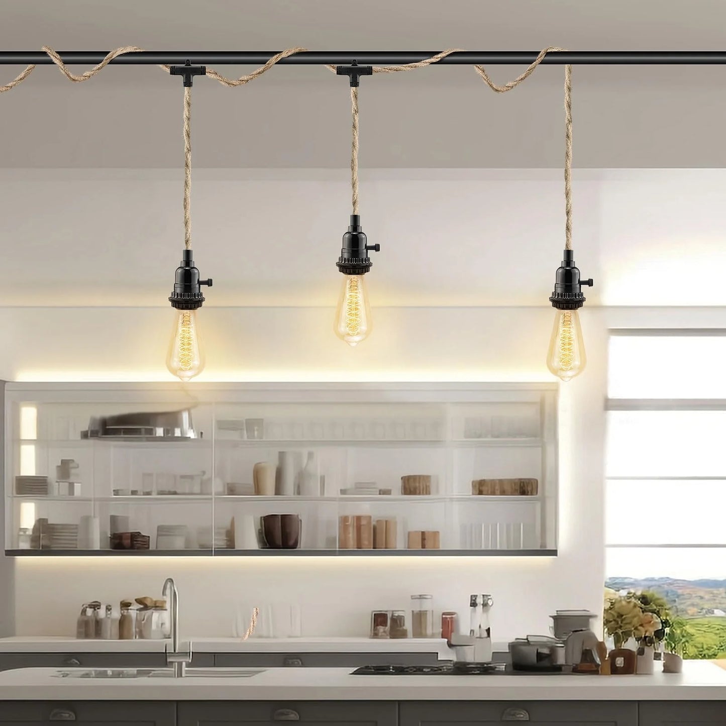 Brown Hemp Rope 3 Light Plug in Pendant Light Cord, Hanging Light Kit, 25FT Hemp Rope Plug in Hanging Light Cord with 2 Way Switch, Farmhouse Pendant Light Kits DIY Hanging Light, Brand New condition - View 5
