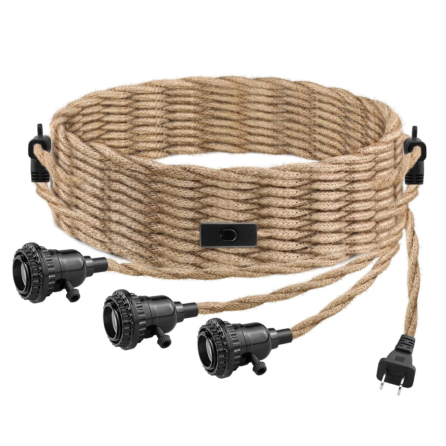 Brown Hemp Rope 3 Light Plug in Pendant Light Cord, Hanging Light Kit, 25FT Hemp Rope Plug in Hanging Light Cord with 2 Way Switch, Farmhouse Pendant Light Kits DIY Hanging Light, Brand New condition - View 9