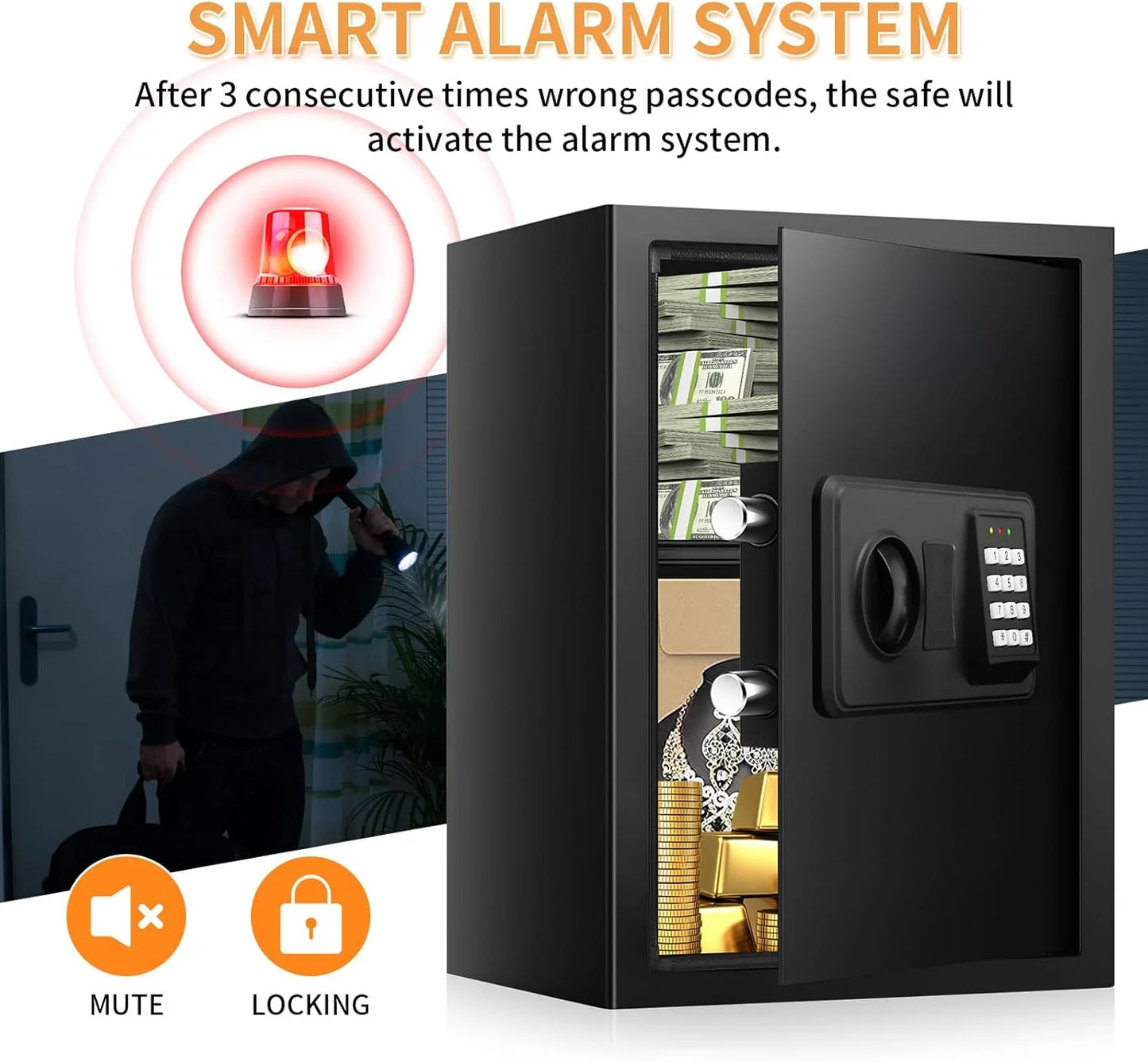 Black Steel 3.0 Cubic Large Fireproof Safe for Home Use, Digital Home Security Safe Box Fireproof Waterproof with Electronic Keypad and Spare Keys, Anti-theft Fire Document Cabinet for Money Medicine Valuables, Good Condition condition - View 7