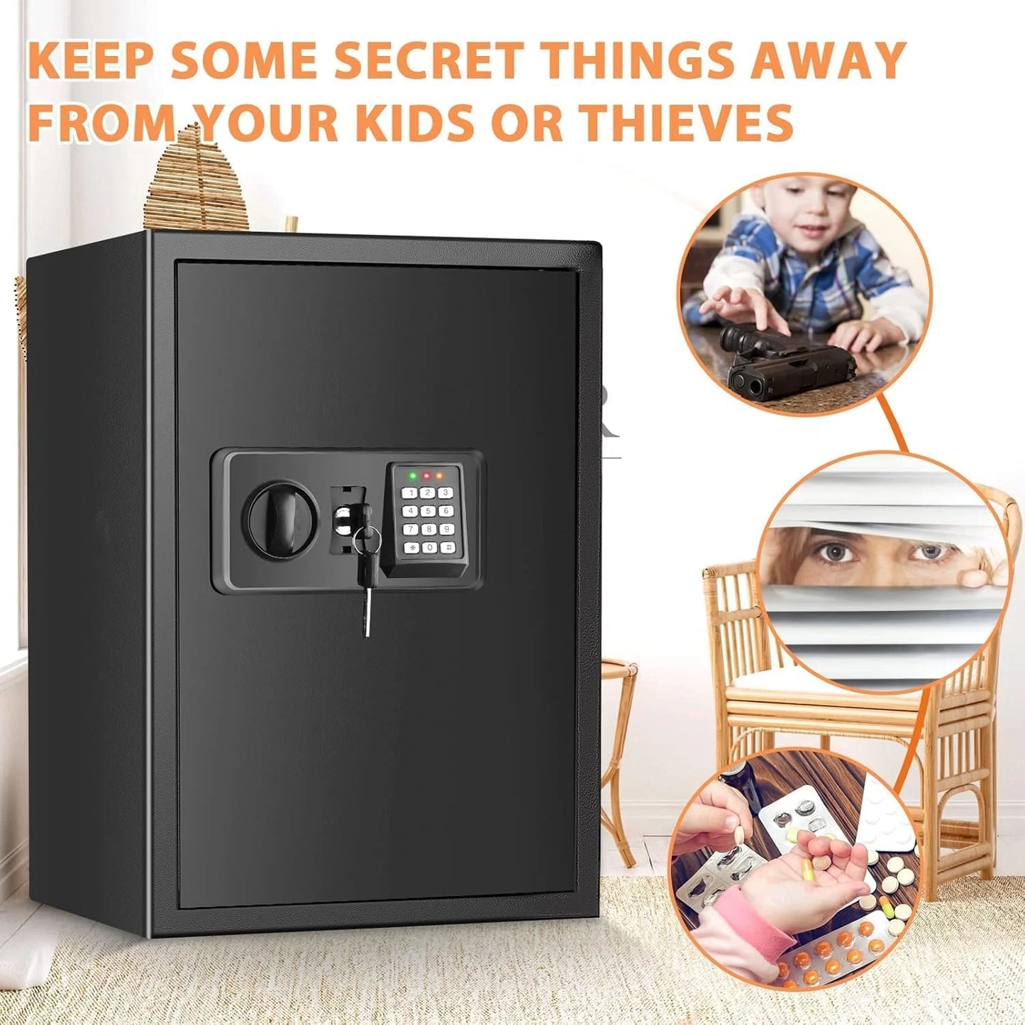 Black Steel 3.0 Cubic Large Fireproof Safe for Home Use, Digital Home Security Safe Box Fireproof Waterproof with Electronic Keypad and Spare Keys, Anti-theft Fire Document Cabinet for Money Medicine Valuables, Good Condition condition - View 9