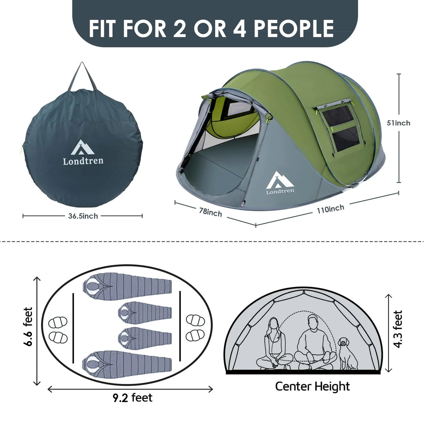 N/A N/A 4 Person Easy Pop Up Tent Waterproof Automatic Setup 2 Doors-Instant Family Tents for Camping Hiking & Traveling, As Is condition - View 3