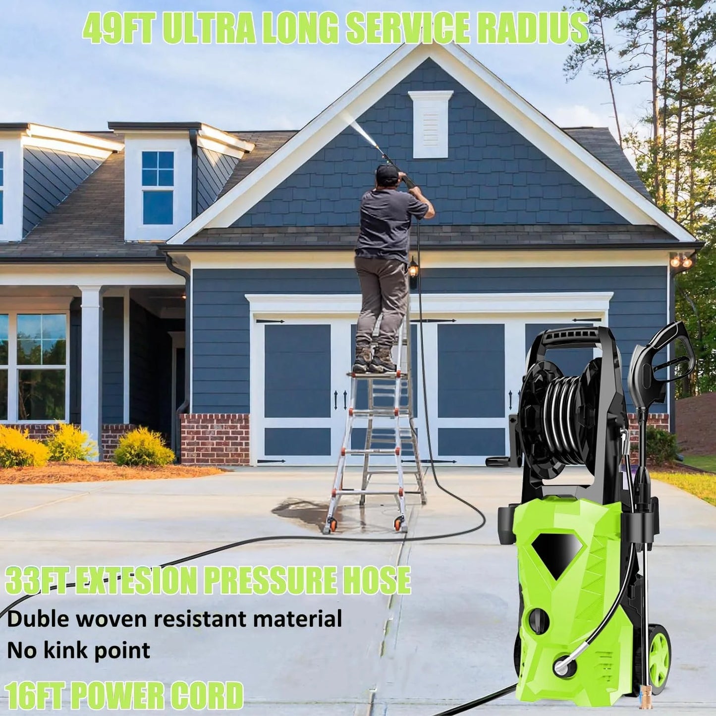 Green Mixed 5000PSI Electric Pressure Washer - 2025 New Electric Power Washer with Upgraded 33ft Pressure Washer Hose Reel, Foam Cannon, 4 Nozzle Set, Power Washer for House/Patios/Car/Fence, Green, Good Condition condition - View 6