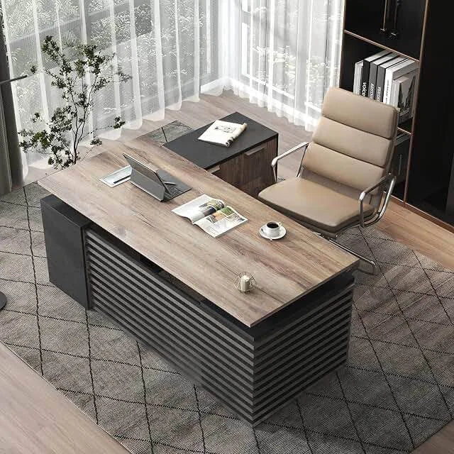 Light Walnut Wood, Metal 63" L Shaped Executive Standing Desk with File Cabinet Color (Top/Frame): Light Walnut, As Is condition - View 1