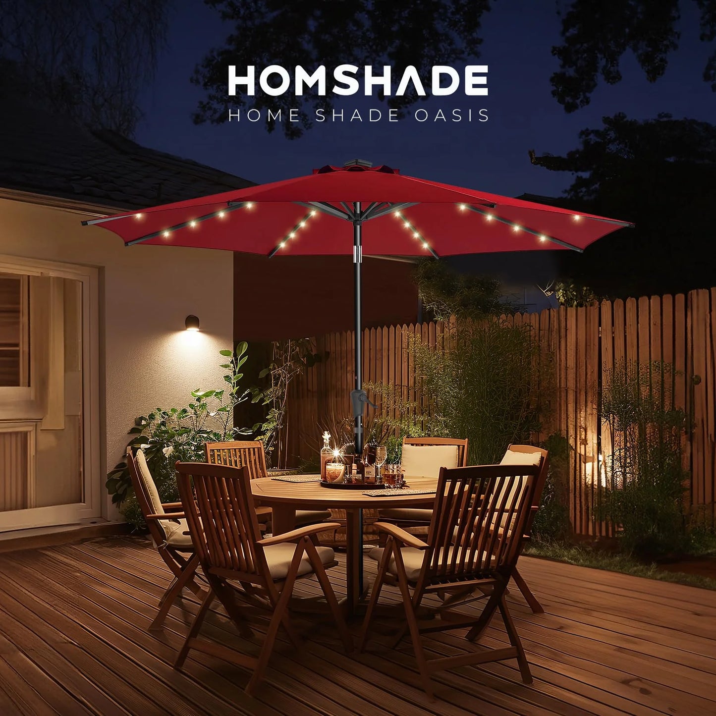 Burgundy Red Weather-resistant fabric 9ft Solar Patio Umbrella - Solar Lights LED Lighted Outdoor Market Table Umbrella, UPF50+ UV Protection with Push Button Tilt, Crank for Pool Deck and Garden (Burgundy Red), Good Condition condition - View 10