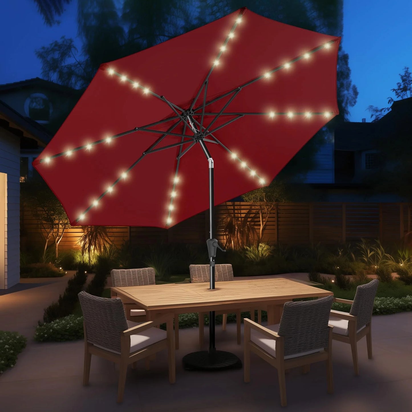 Burgundy Red Weather-resistant fabric 9ft Solar Patio Umbrella - Solar Lights LED Lighted Outdoor Market Table Umbrella, UPF50+ UV Protection with Push Button Tilt, Crank for Pool Deck and Garden (Burgundy Red), Good Condition condition - View 1