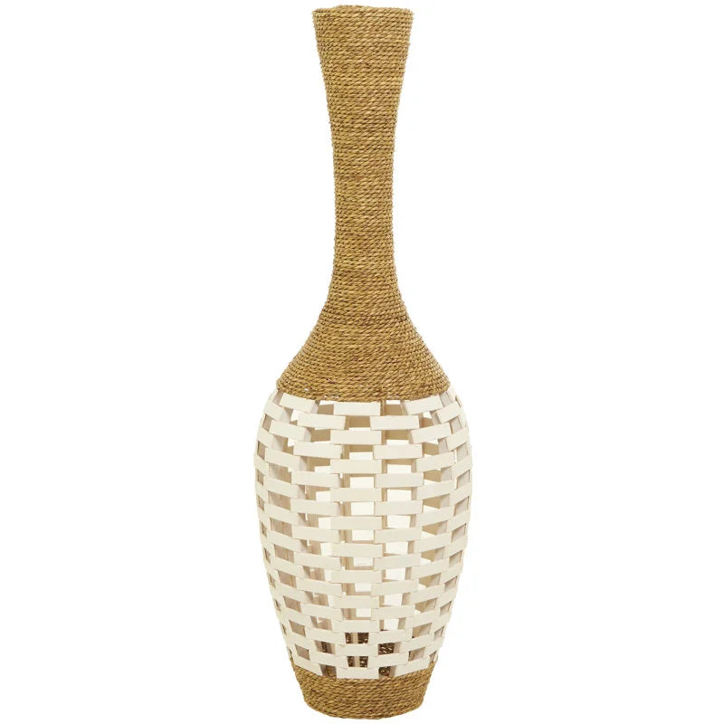 Brown, Cream Seagrass, Bamboo Alachua Seagrass Handmade Wrapped Tall Decorative Brown Vase with Cream Mosaic Bamboo Center Size: 40" H x 12.5" W x 12.5" D, Good Condition condition - View 1
