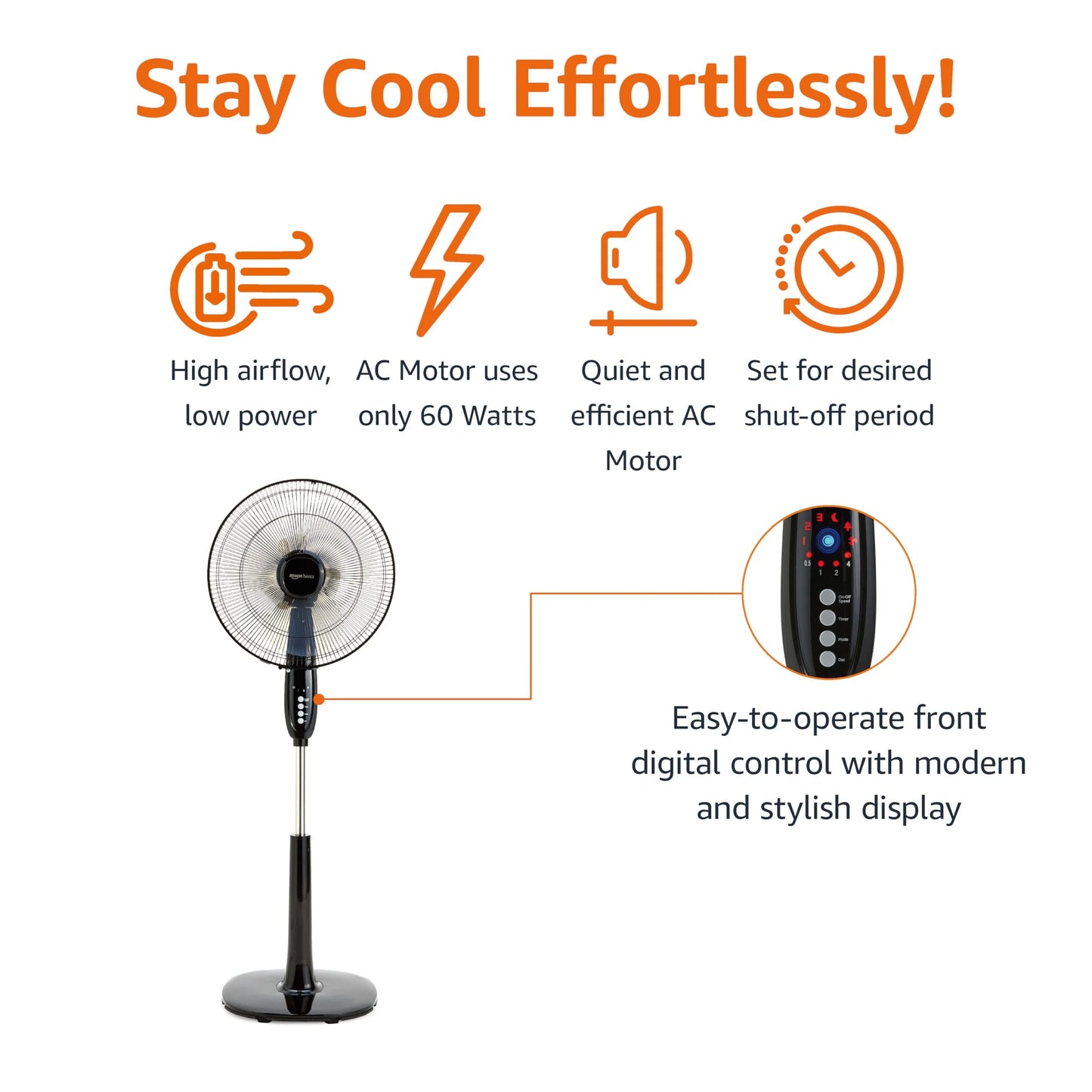 Black Plastic Amazon Basics 16-inch Pedestal Floor Fan Oscillating Remote, 3-Speed, Energy-Efficient, Black, Good Condition condition - View 4