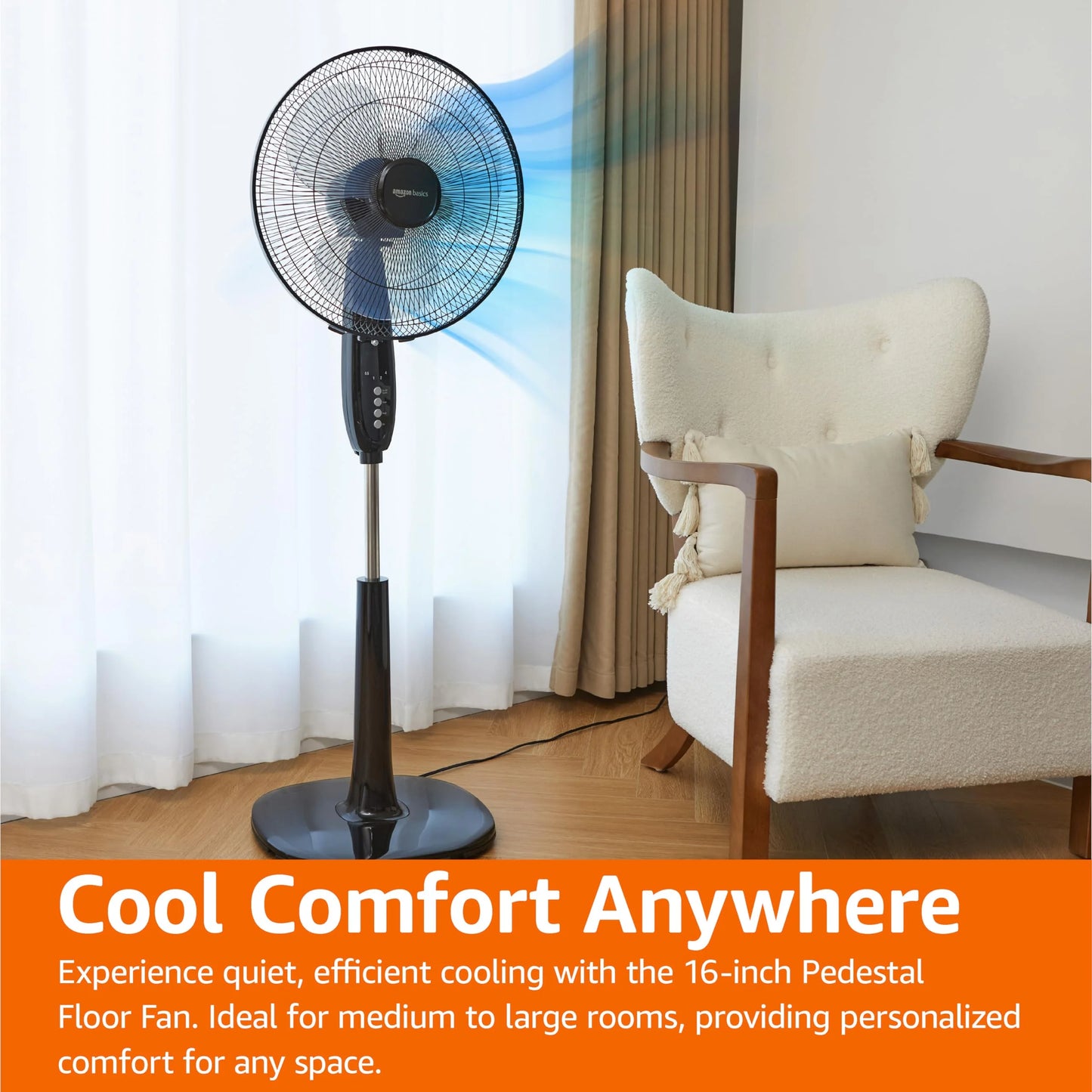 Black Plastic Amazon Basics 16-inch Pedestal Floor Fan Oscillating Remote, 3-Speed, Energy-Efficient, Black, Good Condition condition - View 8