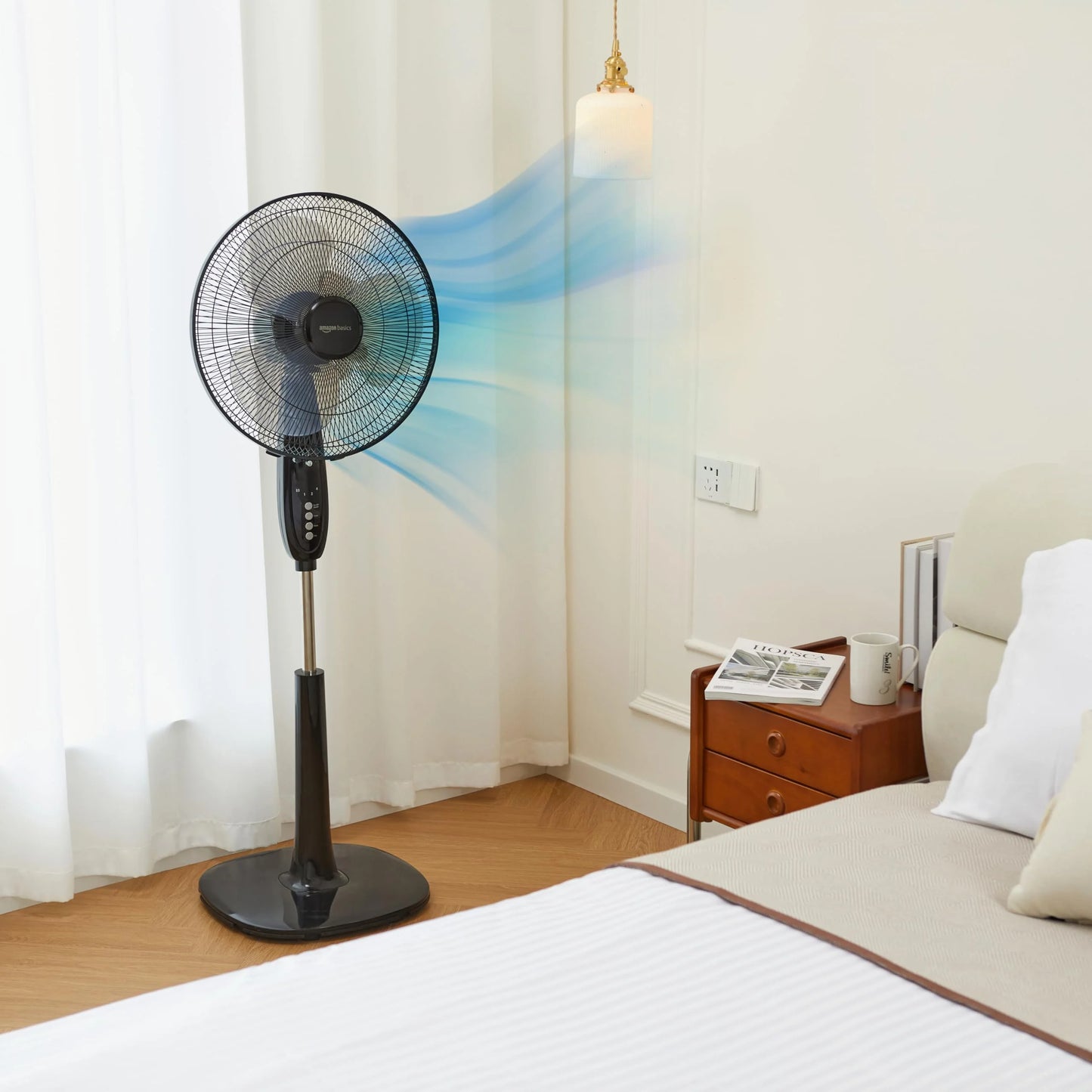Black Plastic Amazon Basics 16-inch Pedestal Floor Fan Oscillating Remote, 3-Speed, Energy-Efficient, Black, Good Condition condition - View 9