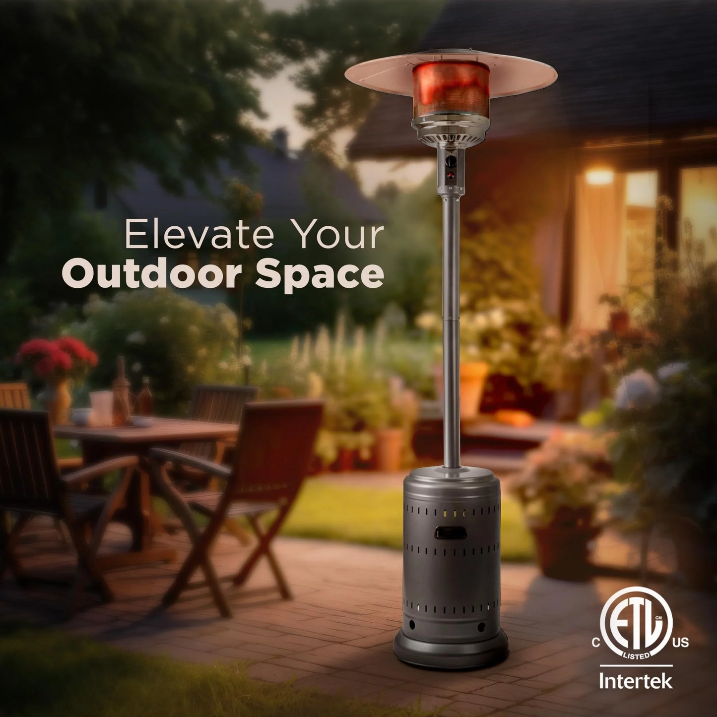 Slate Gray Metal, Glass Amazon Basics 46,000 BTU Outdoor Propane Patio Heater with Wheels, Commercial & Residential, 13489.74 watts, Slate Gray, with water tank, 32.1 x 32.1 x 91.3 inches (LxWxH), Good Condition condition - View 11