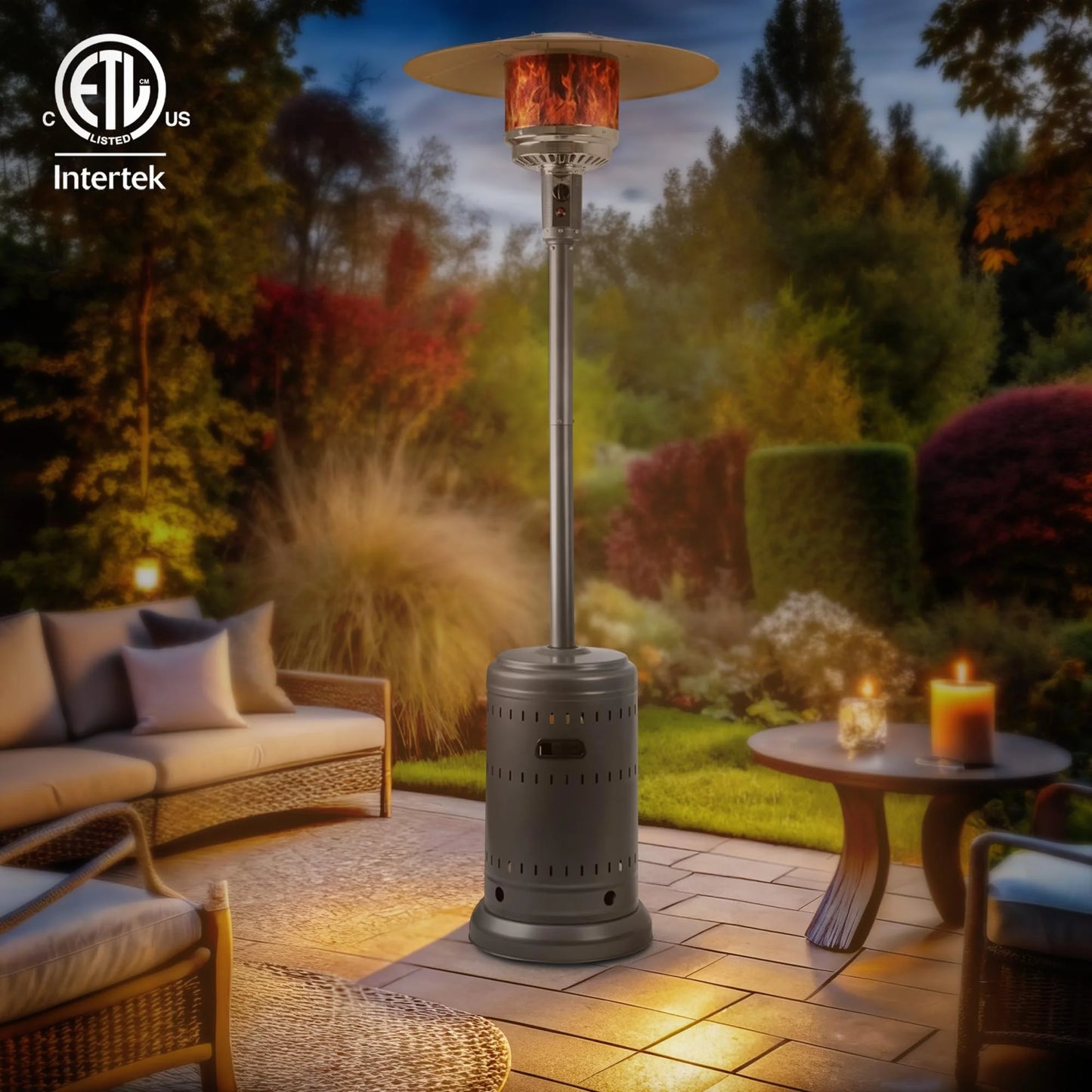 Slate Gray Metal, Glass Amazon Basics 46,000 BTU Outdoor Propane Patio Heater with Wheels, Commercial & Residential, 13489.74 watts, Slate Gray, with water tank, 32.1 x 32.1 x 91.3 inches (LxWxH), Good Condition condition - View 12