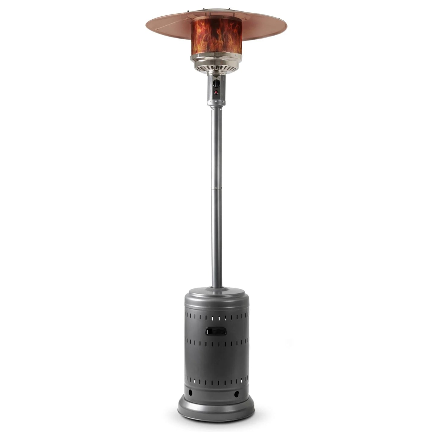 Slate Gray Metal, Glass Amazon Basics 46,000 BTU Outdoor Propane Patio Heater with Wheels, Commercial & Residential, 13489.74 watts, Slate Gray, with water tank, 32.1 x 32.1 x 91.3 inches (LxWxH), Good Condition condition - View 1