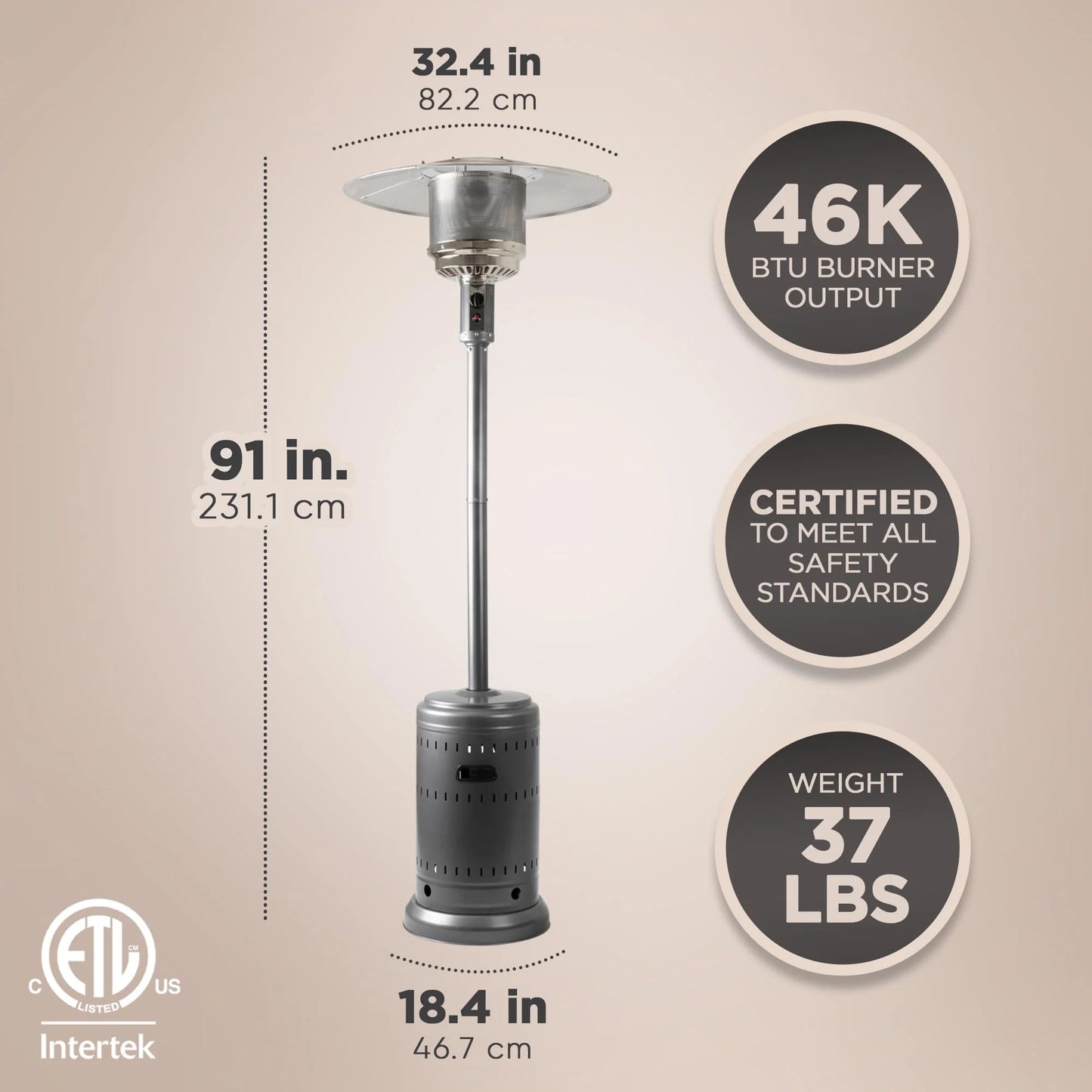 Amazon Basics 46,000 BTU Outdoor Propane Patio Heater with Wheels, Slate Gray - View 3