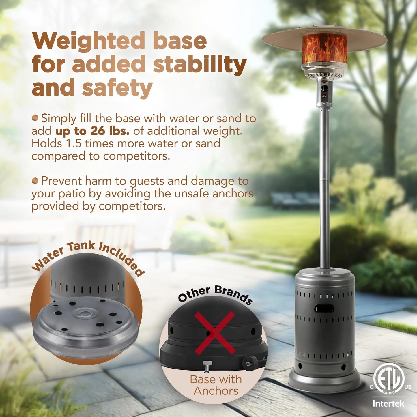 Slate Gray Metal, Glass Amazon Basics 46,000 BTU Outdoor Propane Patio Heater with Wheels, Commercial & Residential, 13489.74 watts, Slate Gray, with water tank, 32.1 x 32.1 x 91.3 inches (LxWxH), Good Condition condition - View 6