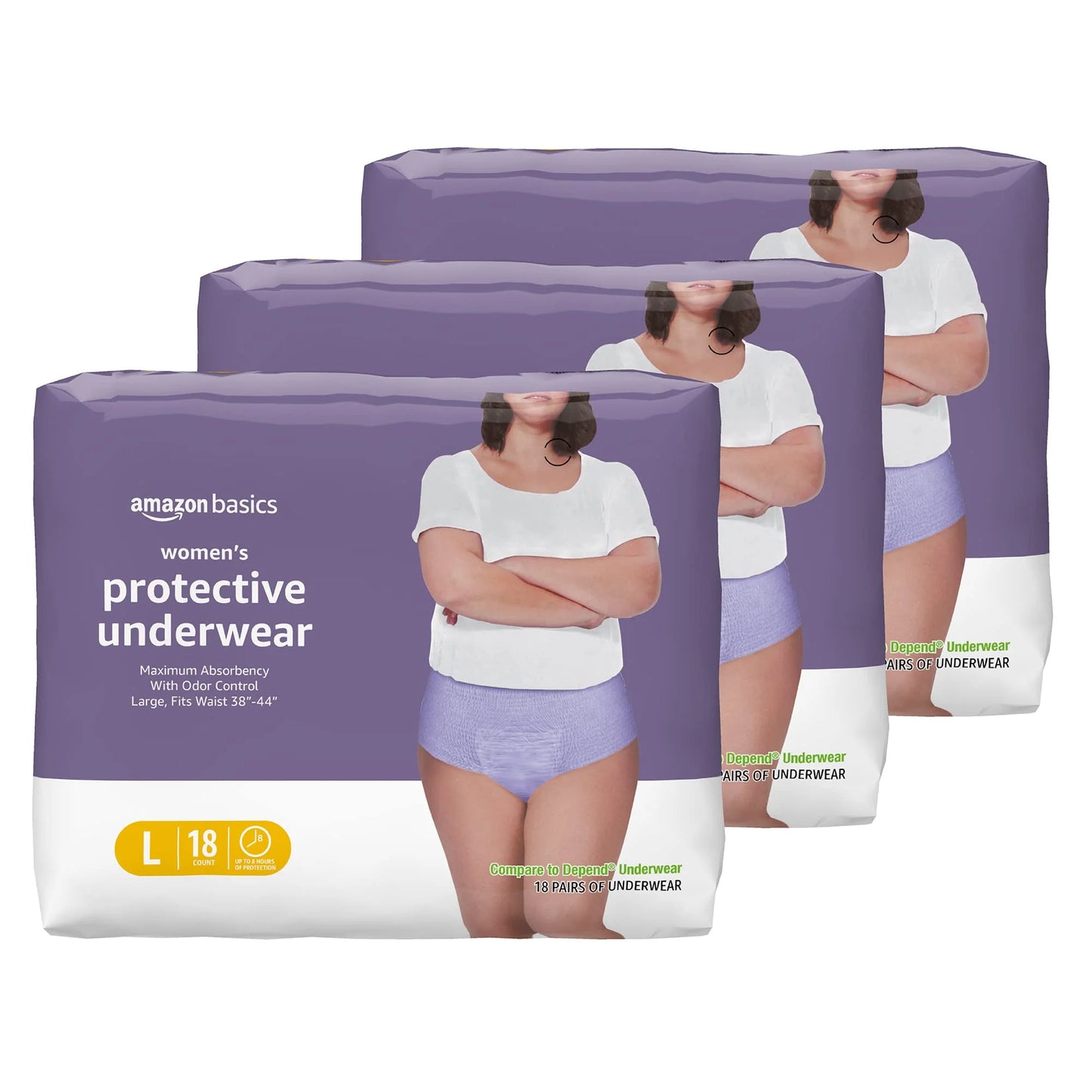 White Absorbent Fabric Amazon Basics Incontinence & Postpartum Underwear for Women, Maximum Absorbency, Large, 18 Count, 3 Packs of 18 (Previously Solimo), As Is condition - View 1