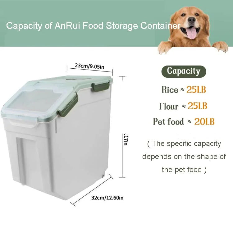 Green Plastic AnRui Dog Food Storage Container with Scoop, Large Airtight Plastic Pet Dog Cat Dry Food Bin, Cereal Grain Organizer Box for Rice, Flour, Snack, Baking Supplies, Kitchen Pantry, 20lb, Green, Good Condition condition - View 4