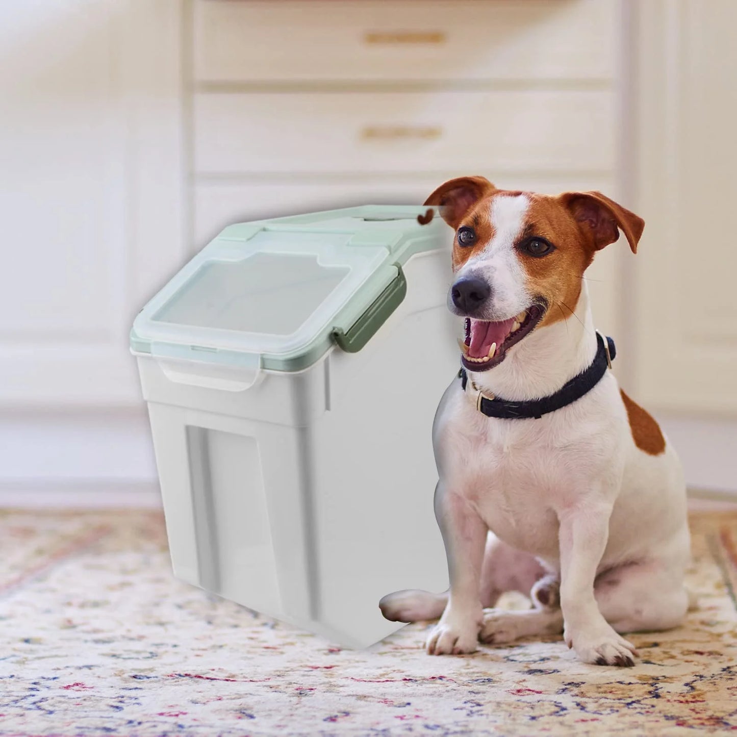 Green Plastic AnRui Dog Food Storage Container with Scoop, Large Airtight Plastic Pet Dog Cat Dry Food Bin, Cereal Grain Organizer Box for Rice, Flour, Snack, Baking Supplies, Kitchen Pantry, 20lb, Green, Good Condition condition - View 9