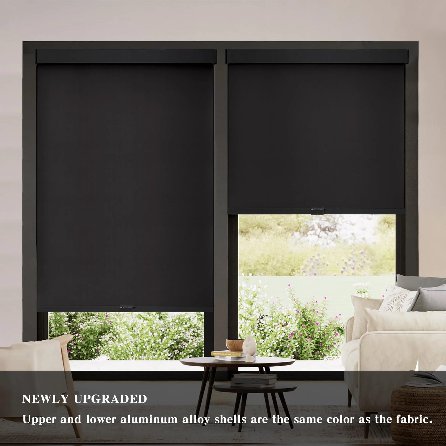 Black Woven Fabric AOSKY 100% Blackout Roller Shades Cordless Blinds for Windows, Free-Stop Shades with Valance, Thermal Insulated Fabric, UV Protection, Natural Woven Blinds for Home and Office (23" W x 72" H, Black), Good Condition condition - View 5