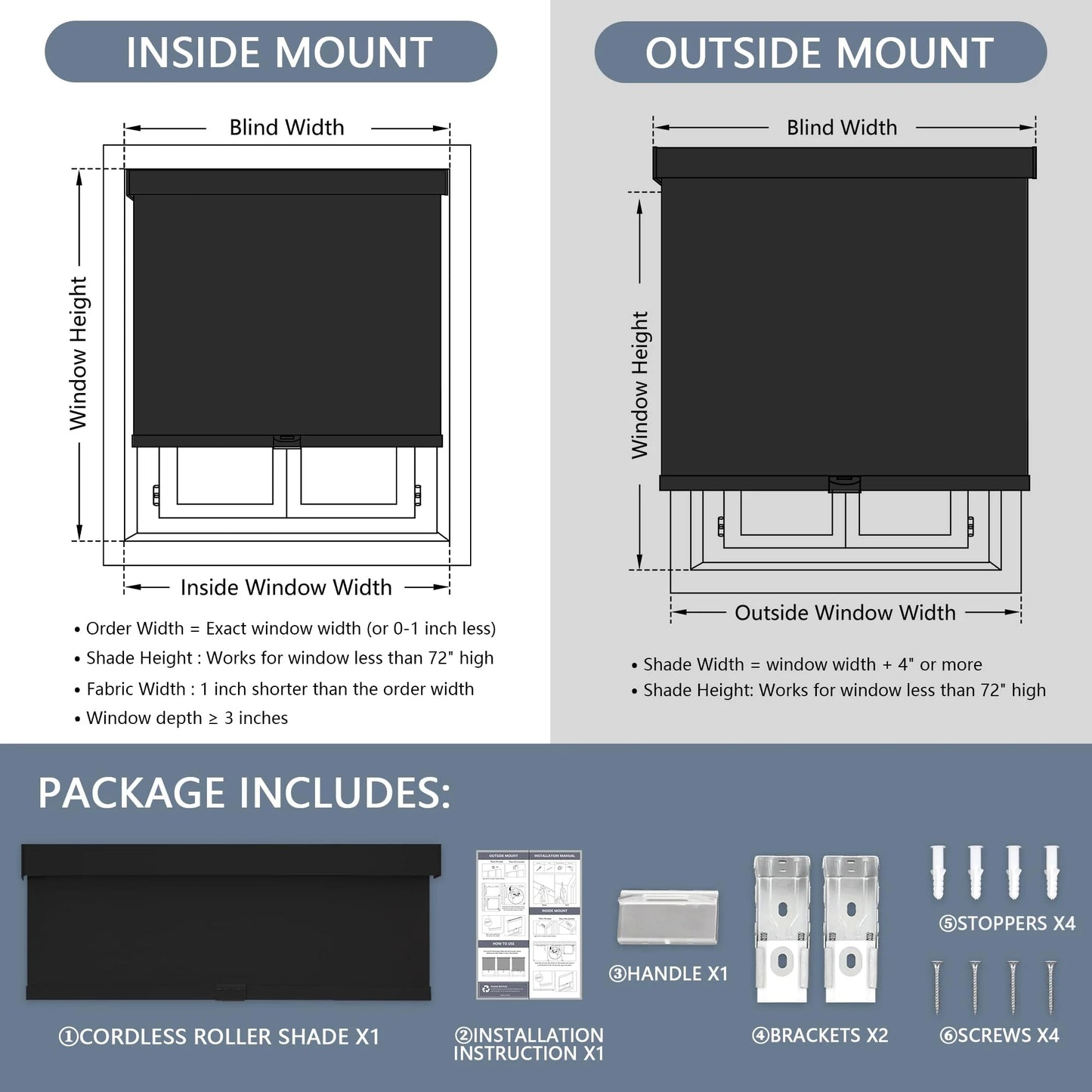 Black Woven Fabric AOSKY 100% Blackout Roller Shades Cordless Blinds for Windows, Free-Stop Shades with Valance, Thermal Insulated Fabric, UV Protection, Natural Woven Blinds for Home and Office (23" W x 72" H, Black), Good Condition condition - View 8